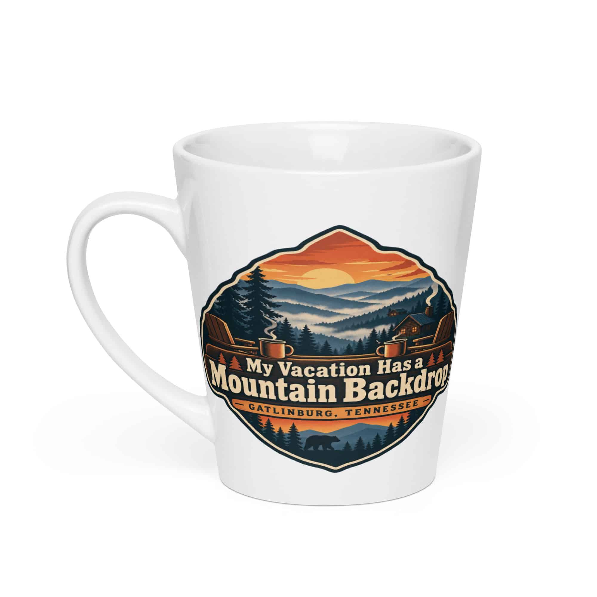 Gatlinburg and the Smokies Latte Mug: My Vacation Has a Mountain Backdrop, Scenic Shield Badge
