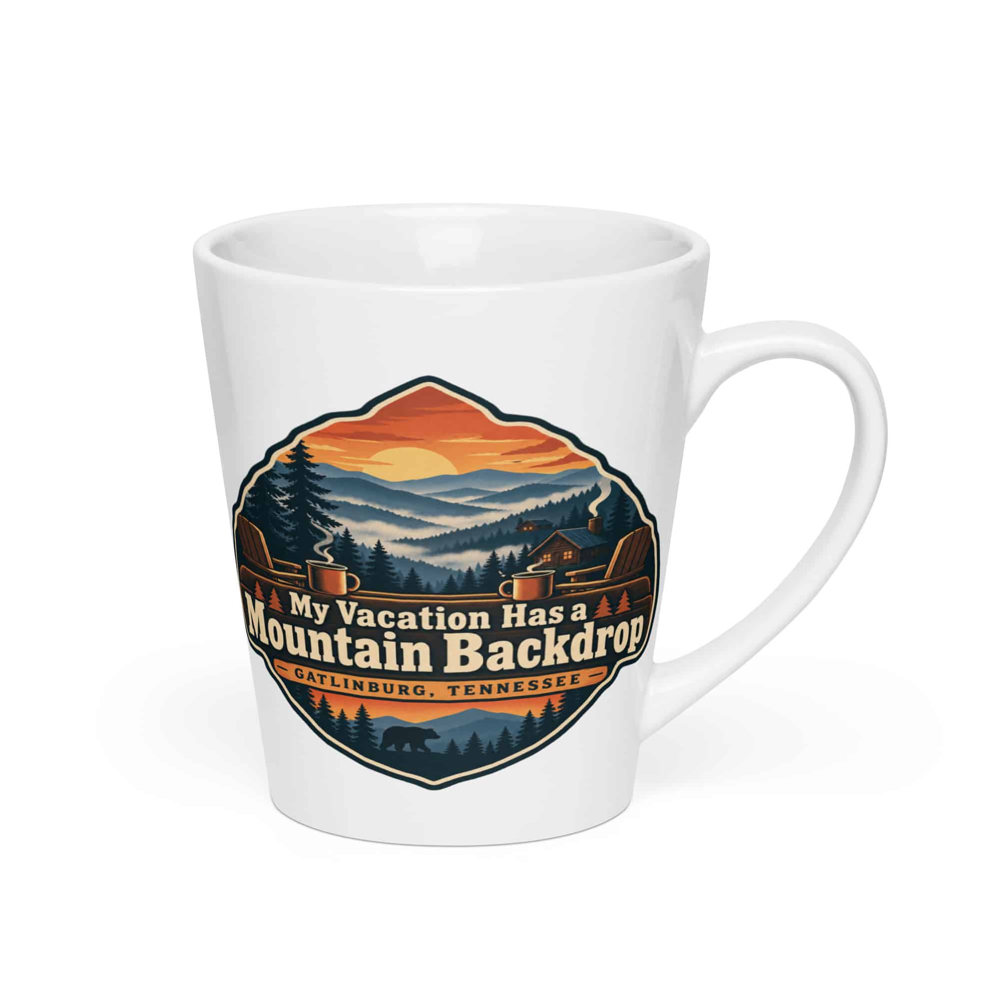 Gatlinburg and the Smokies Latte Mug: My Vacation Has a Mountain Backdrop, Scenic Shield Badge
