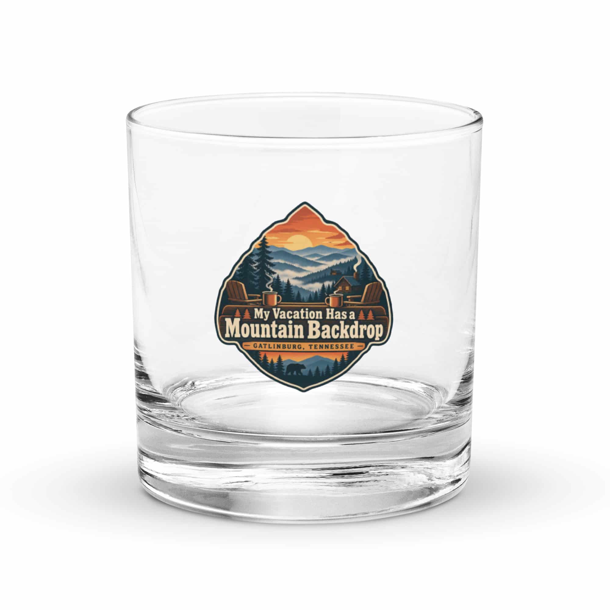 Gatlinburg and the Smokies Rocks Glass: My Vacation Has a Mountain Backdrop, Scenic Shield Badge