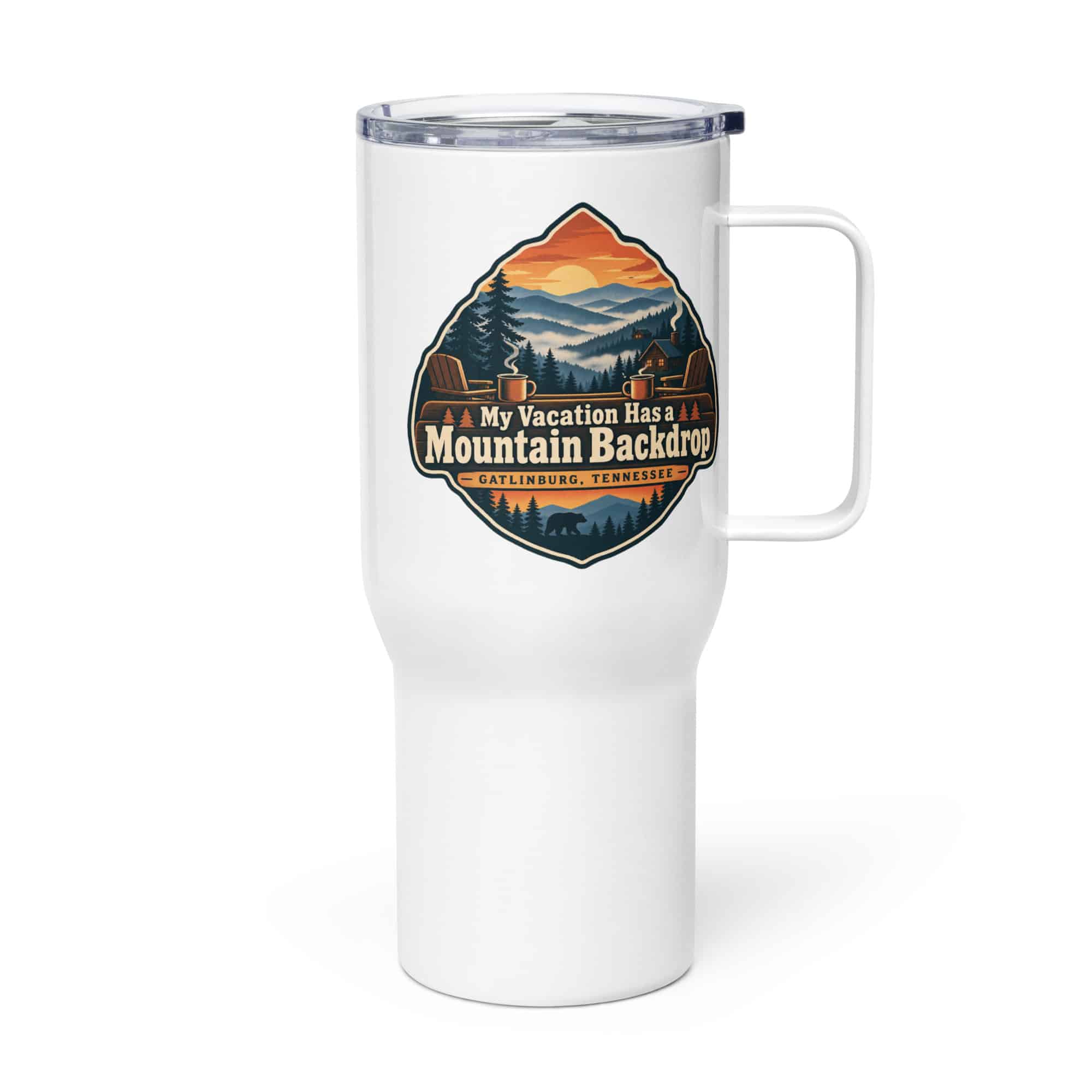 Gatlinburg and the Smokies Travel Mug: My Vacation Has a Mountain Backdrop, Scenic Shield Badge