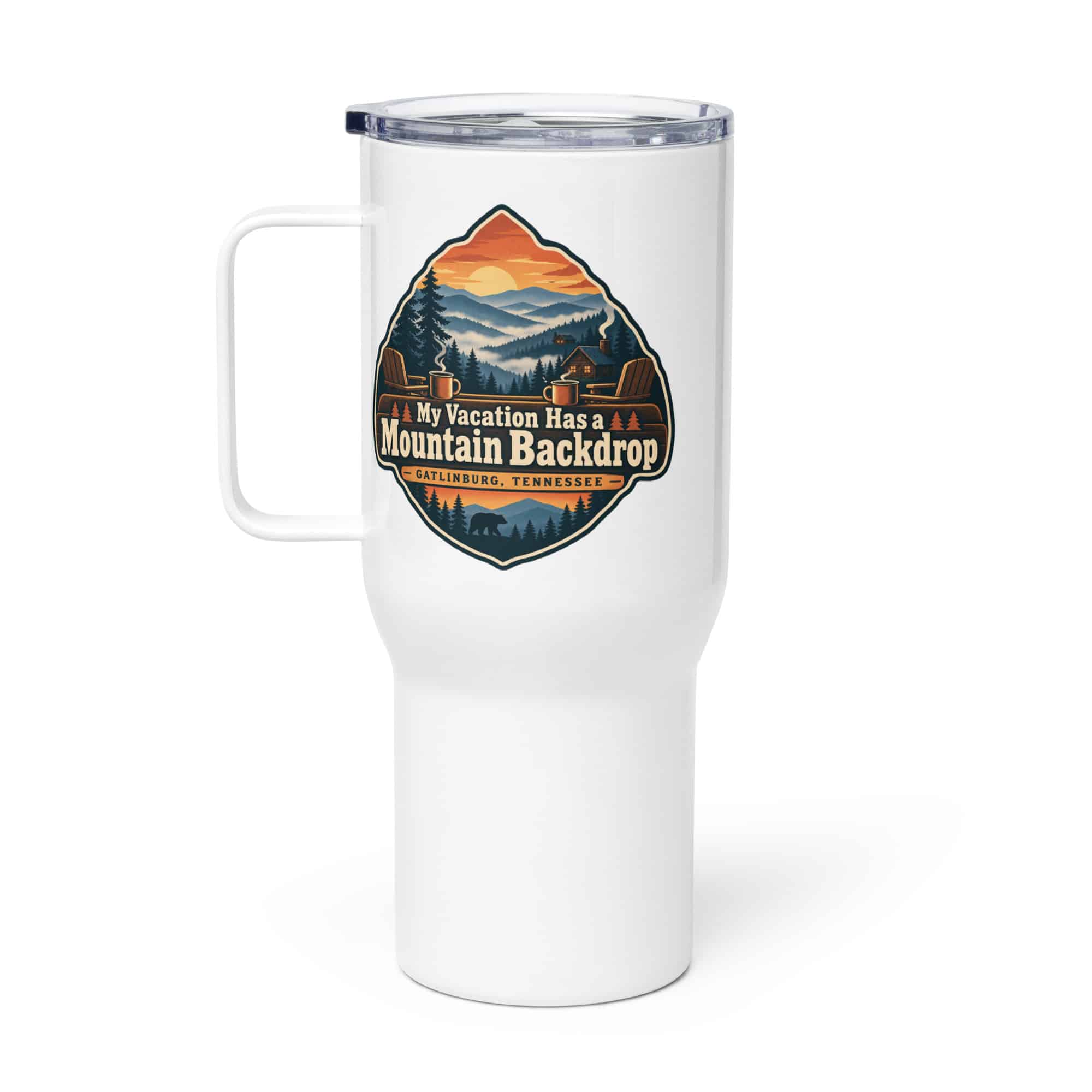 Gatlinburg and the Smokies Travel Mug: My Vacation Has a Mountain Backdrop, Scenic Shield Badge