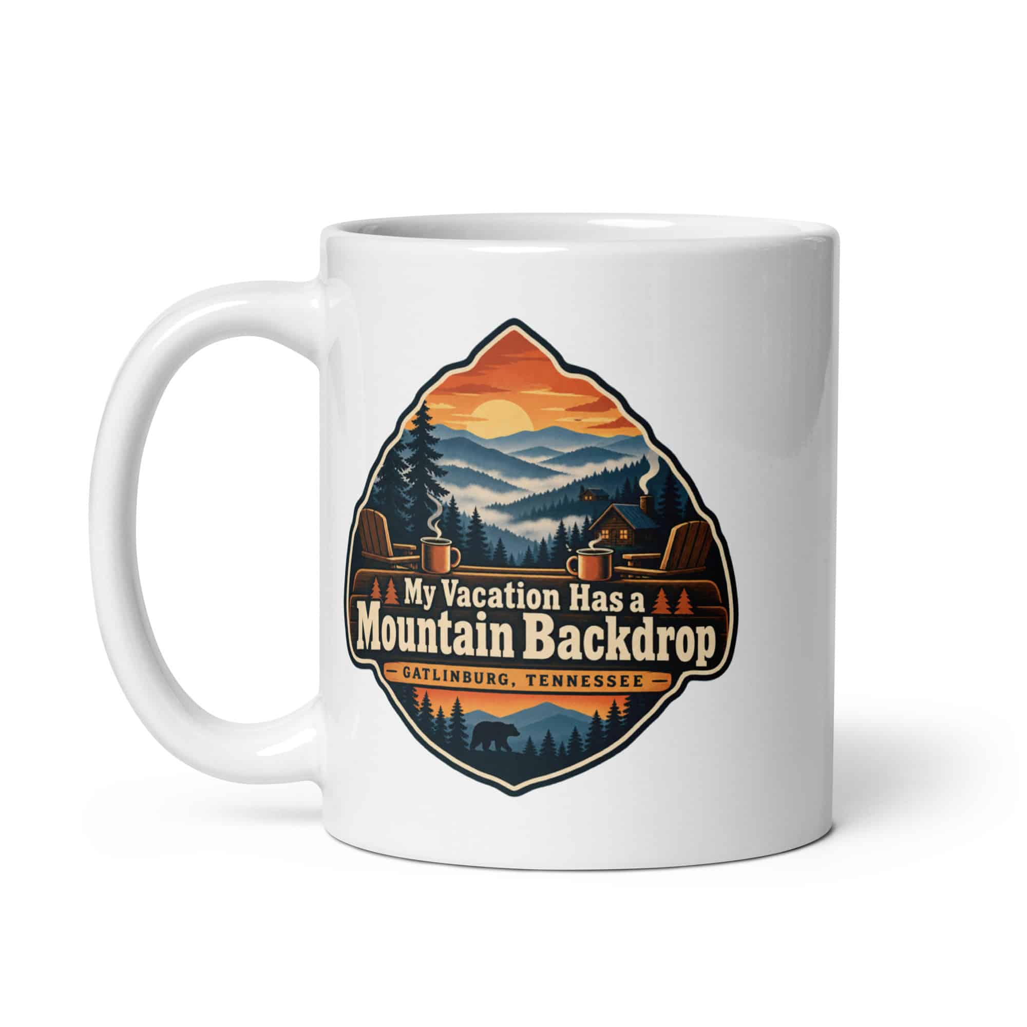 Gatlinburg and the Smokies White Ceramic Coffee Mug: My Vacation Has a Mountain Backdrop, Scenic Shield Badge