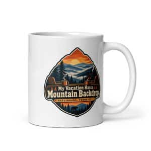 Gatlinburg and the Smokies White Ceramic Coffee Mug: My Vacation Has a Mountain Backdrop, Scenic Shield Badge - 11 oz - Main