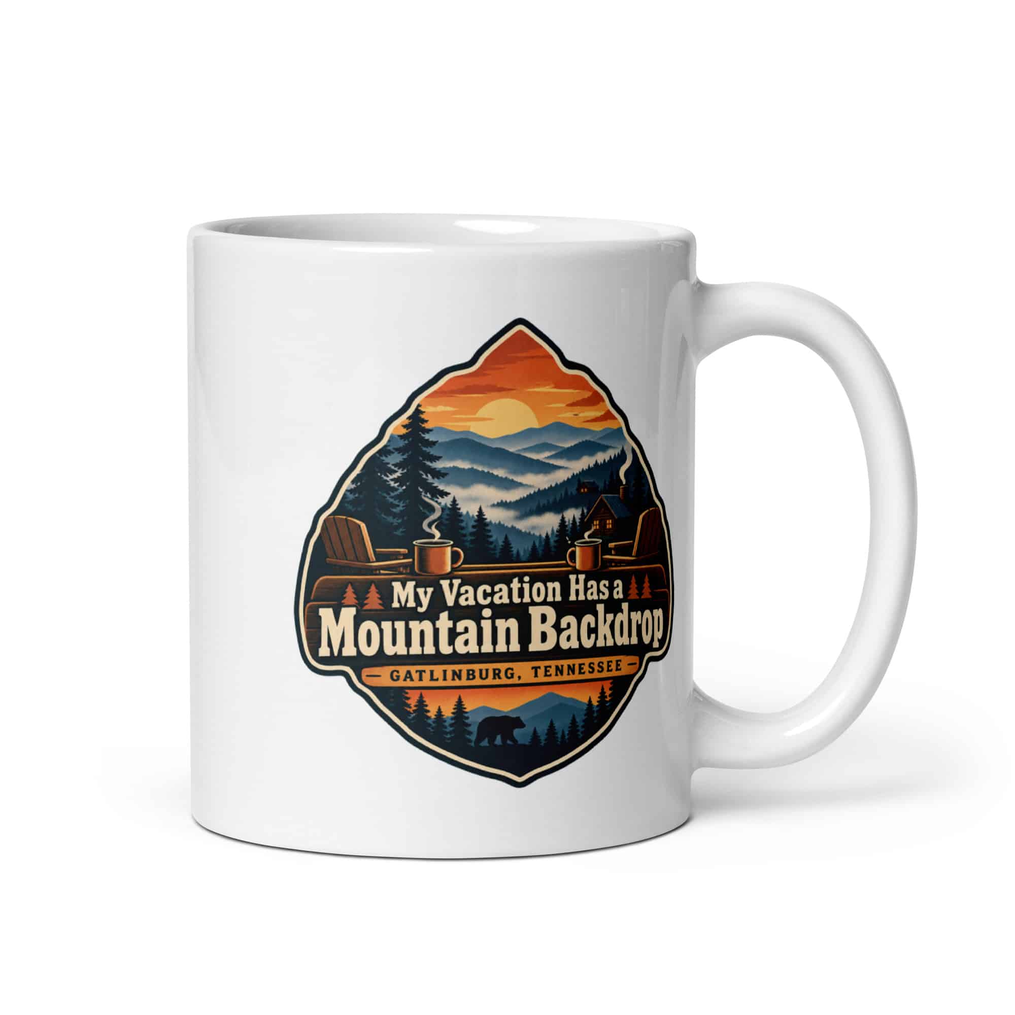 Gatlinburg and the Smokies White Ceramic Coffee Mug: My Vacation Has a Mountain Backdrop, Scenic Shield Badge