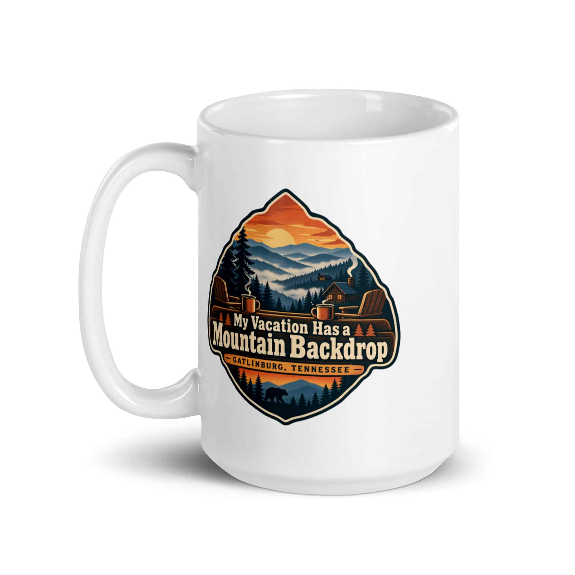 Gatlinburg and the Smokies White Ceramic Coffee Mug: My Vacation Has a Mountain Backdrop, Scenic Shield Badge
