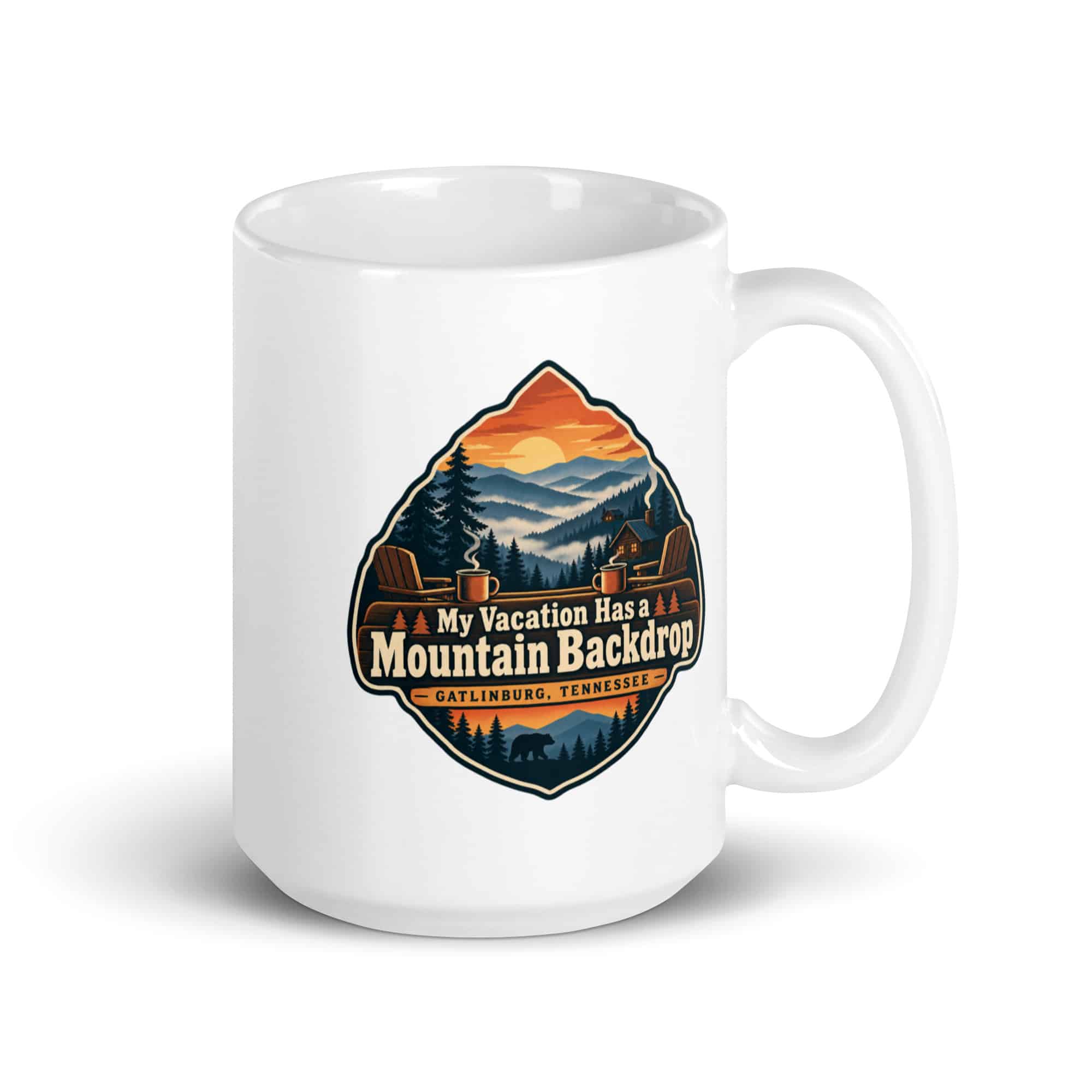 Gatlinburg and the Smokies White Ceramic Coffee Mug: My Vacation Has a Mountain Backdrop, Scenic Shield Badge