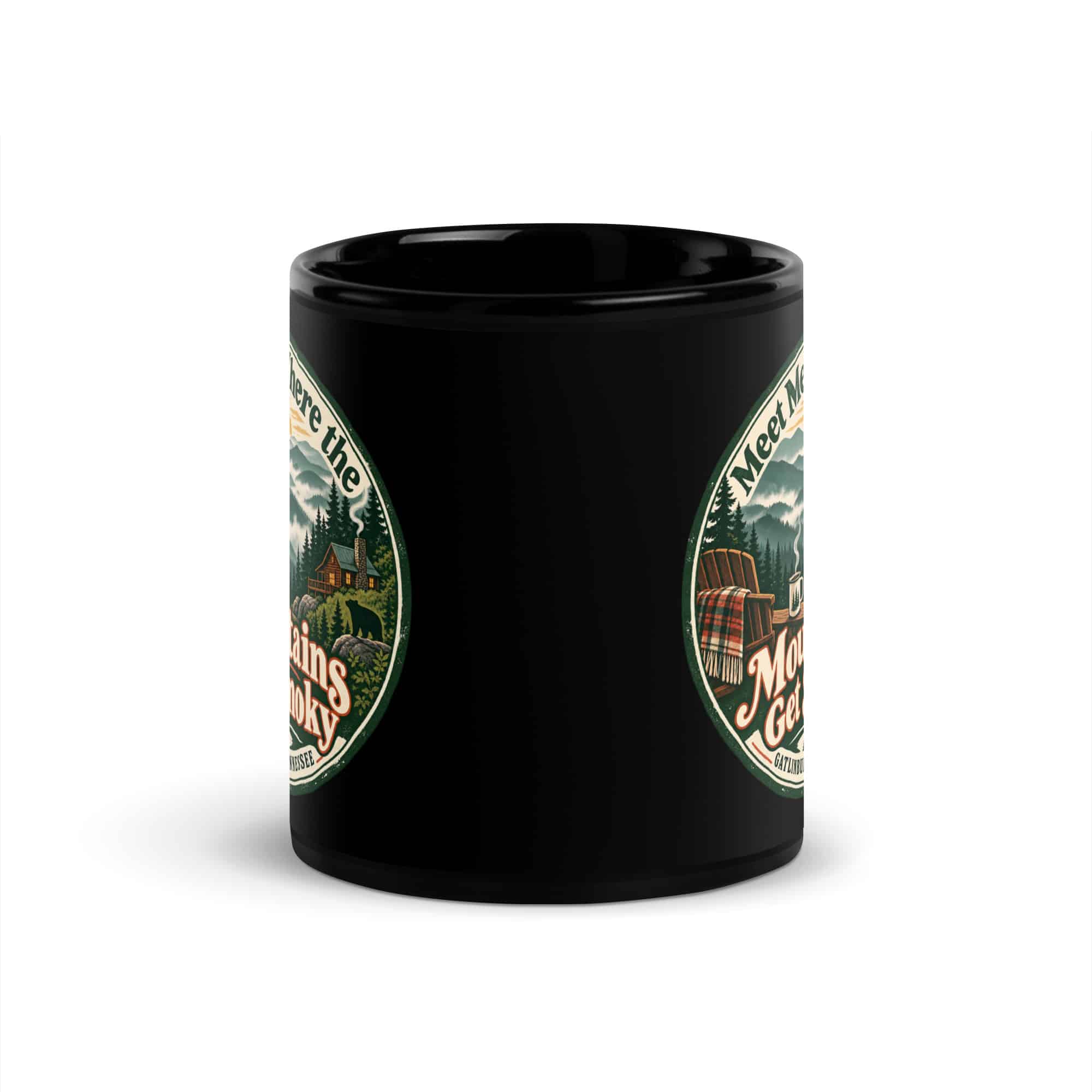 Gatlinburg and the Smokies Black Coffee Mug: Meet Me Where the Mountains Get Smoky, Vintage Round Badge