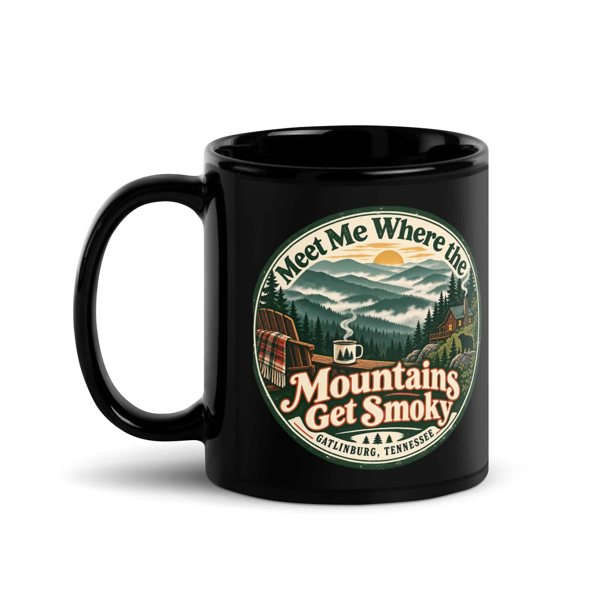 Gatlinburg and the Smokies Black Coffee Mug: Meet Me Where the Mountains Get Smoky, Vintage Round Badge