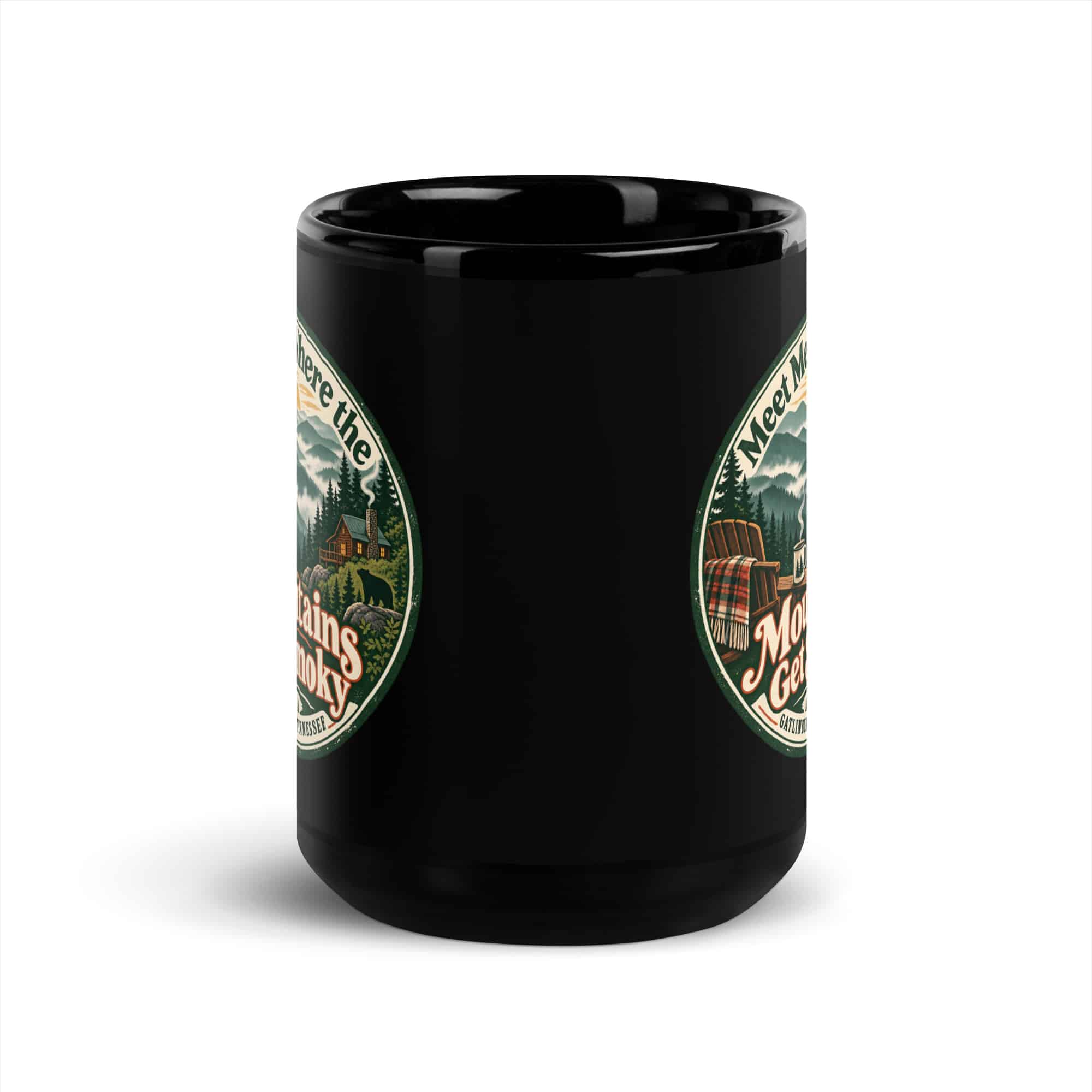 Gatlinburg and the Smokies Black Coffee Mug: Meet Me Where the Mountains Get Smoky, Vintage Round Badge