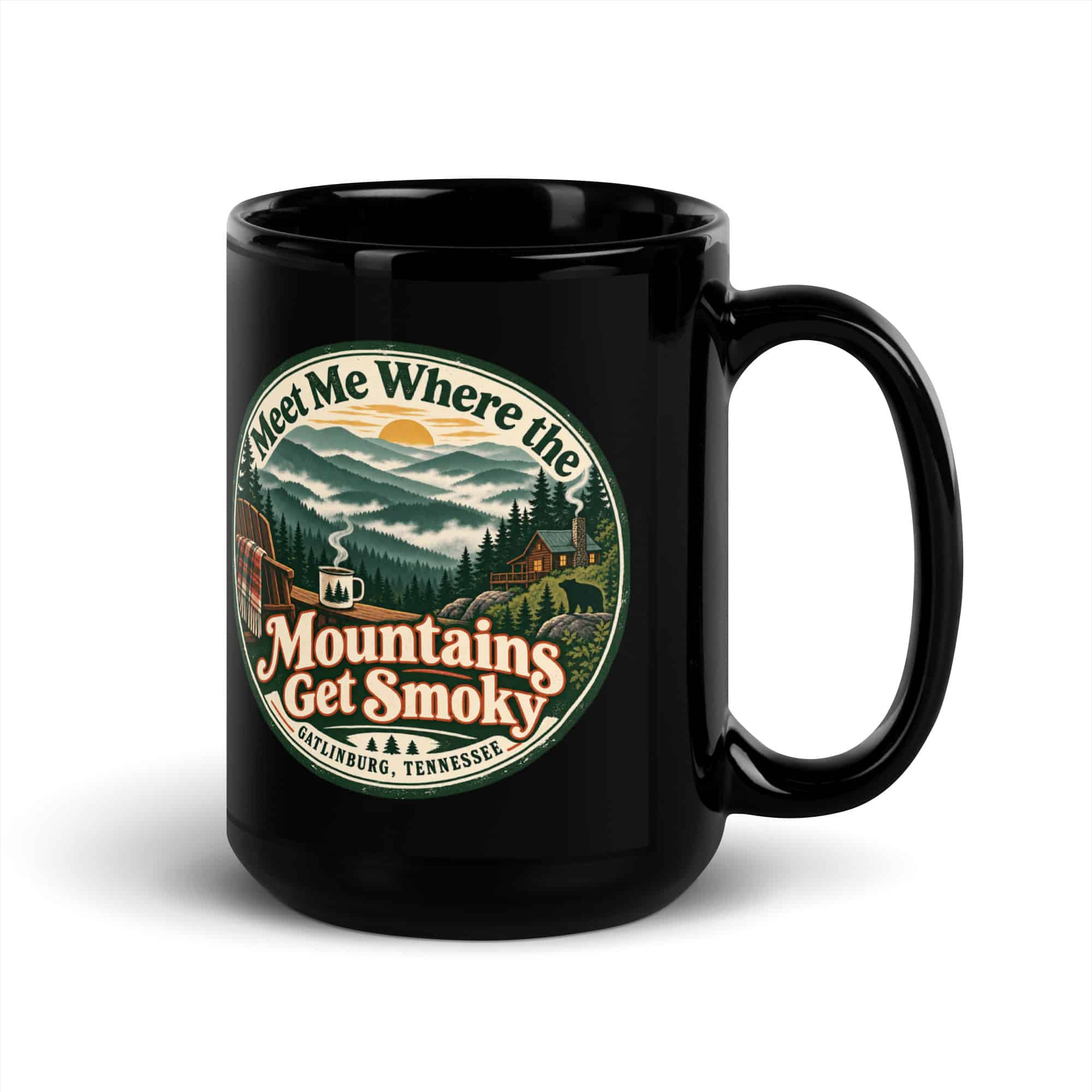 Gatlinburg and the Smokies Black Coffee Mug: Meet Me Where the Mountains Get Smoky, Vintage Round Badge