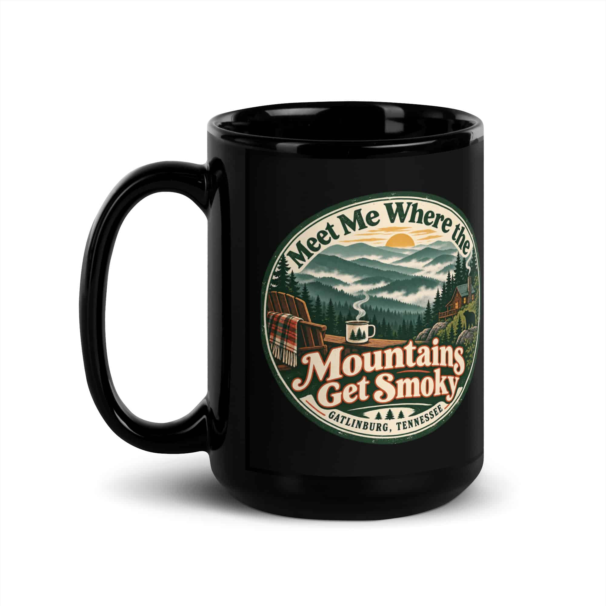 Gatlinburg and the Smokies Black Coffee Mug: Meet Me Where the Mountains Get Smoky, Vintage Round Badge