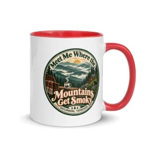 Gatlinburg and the Smokies Color Inside Coffee Mug: Meet Me Where the Mountains Get Smoky, Vintage Round Badge - 11 oz - Main