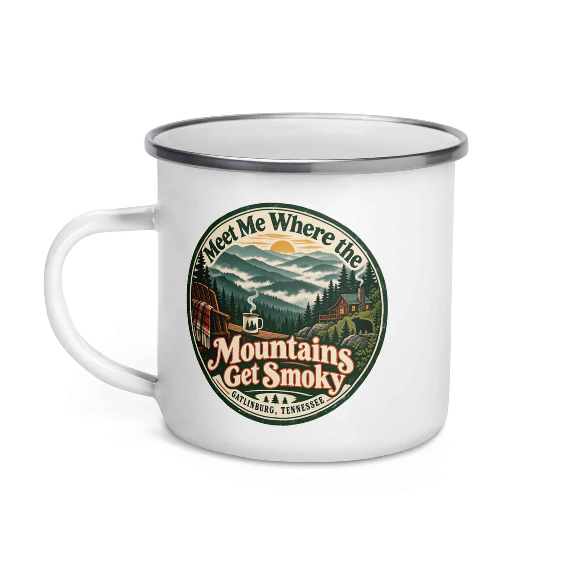 Gatlinburg and the Smokies Enamel Camp Mug: Meet Me Where the Mountains Get Smoky, Vintage Round Badge