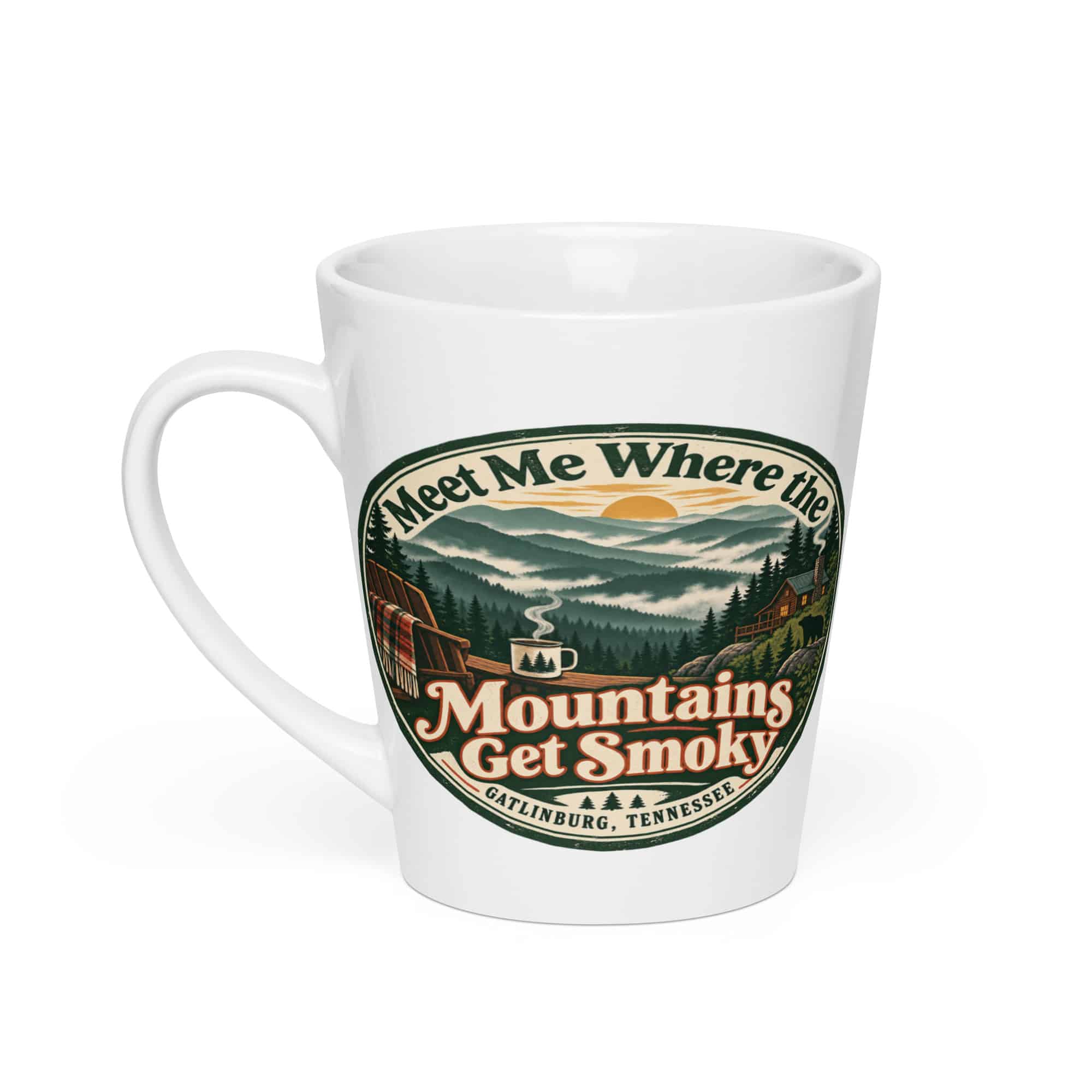 Gatlinburg and the Smokies Latte Mug: Meet Me Where the Mountains Get Smoky, Vintage Round Badge