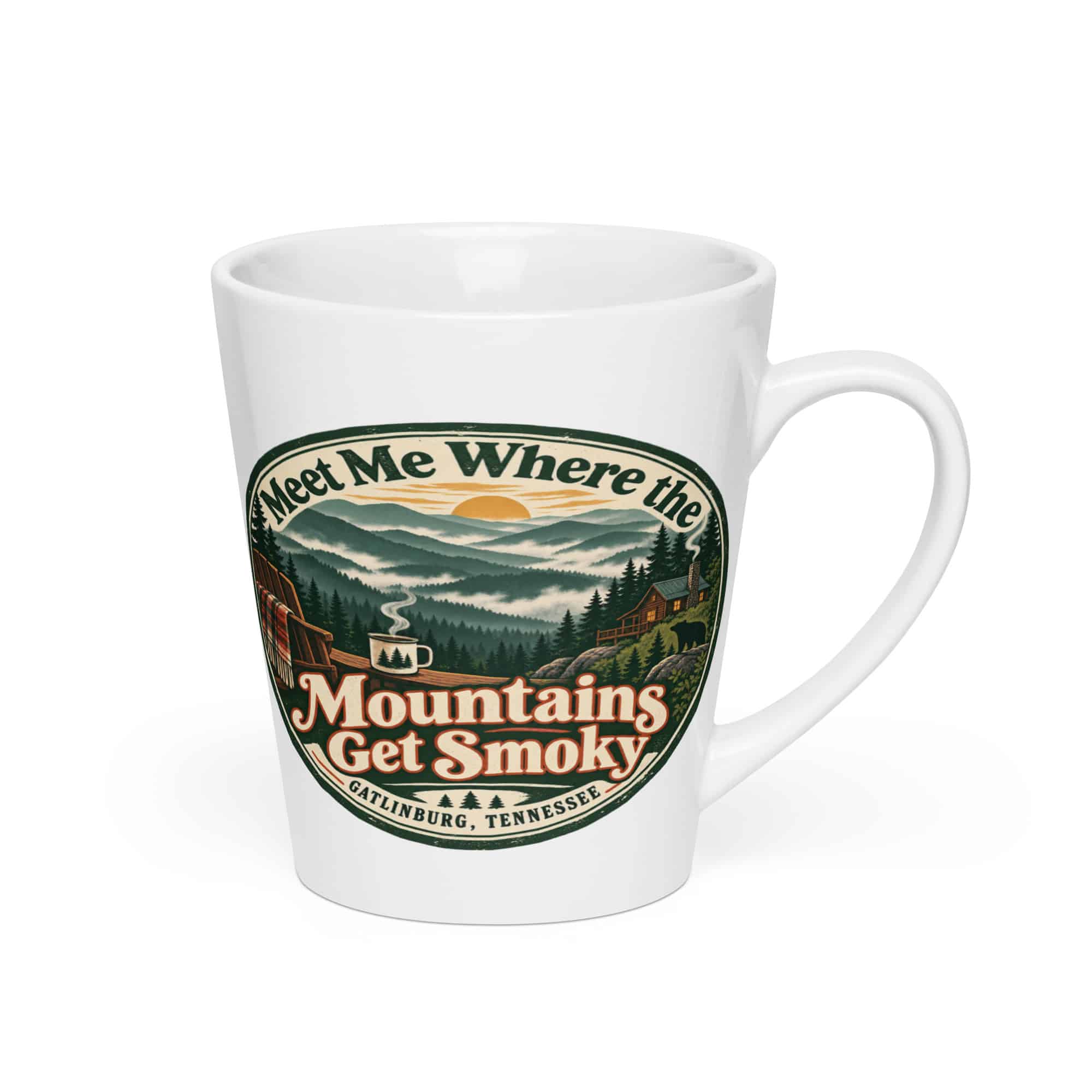 Gatlinburg and the Smokies Latte Mug: Meet Me Where the Mountains Get Smoky, Vintage Round Badge