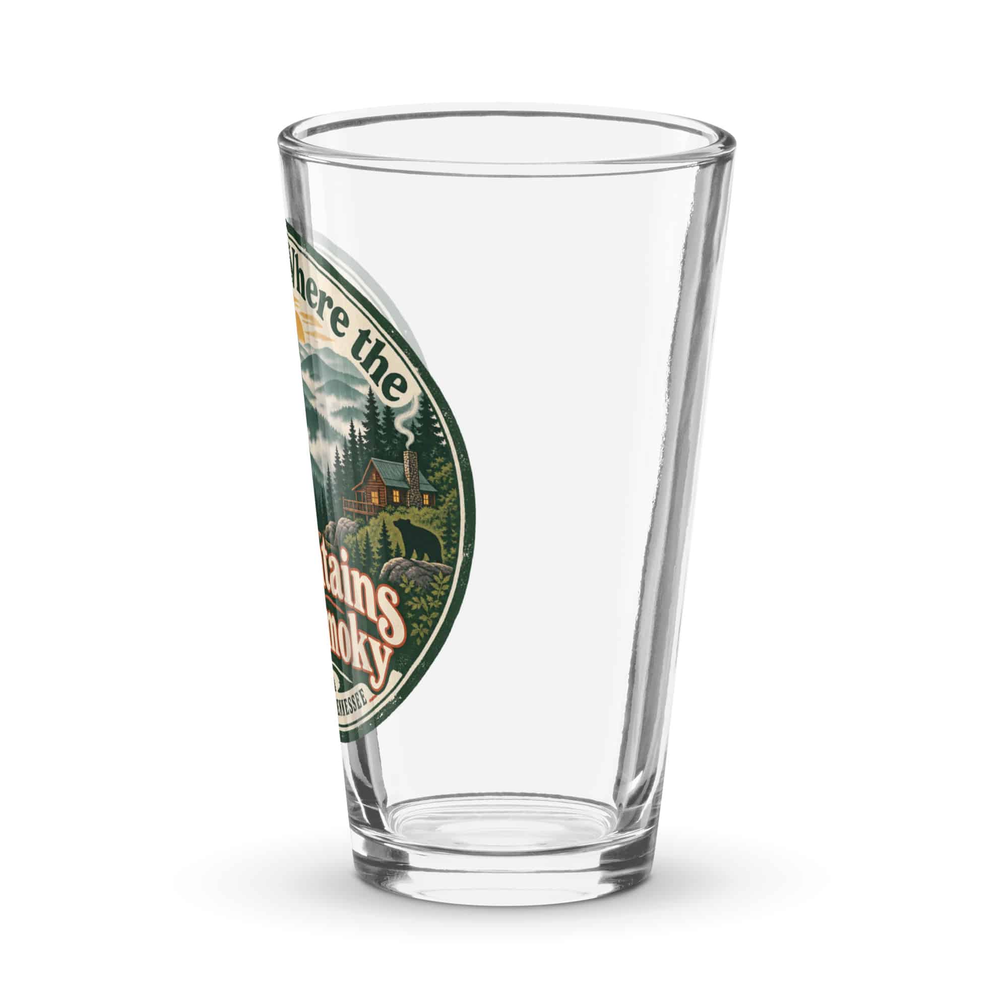 Gatlinburg and the Smokies Pint Glass: Meet Me Where the Mountains Get Smoky, Vintage Round Badge