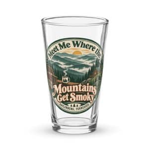 Gatlinburg and the Smokies Pint Glass: Meet Me Where the Mountains Get Smoky, Vintage Round Badge - 16 oz - Main