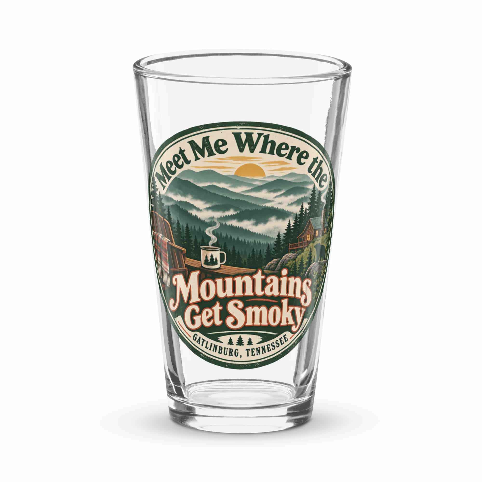 Gatlinburg and the Smokies Pint Glass: Meet Me Where the Mountains Get Smoky, Vintage Round Badge