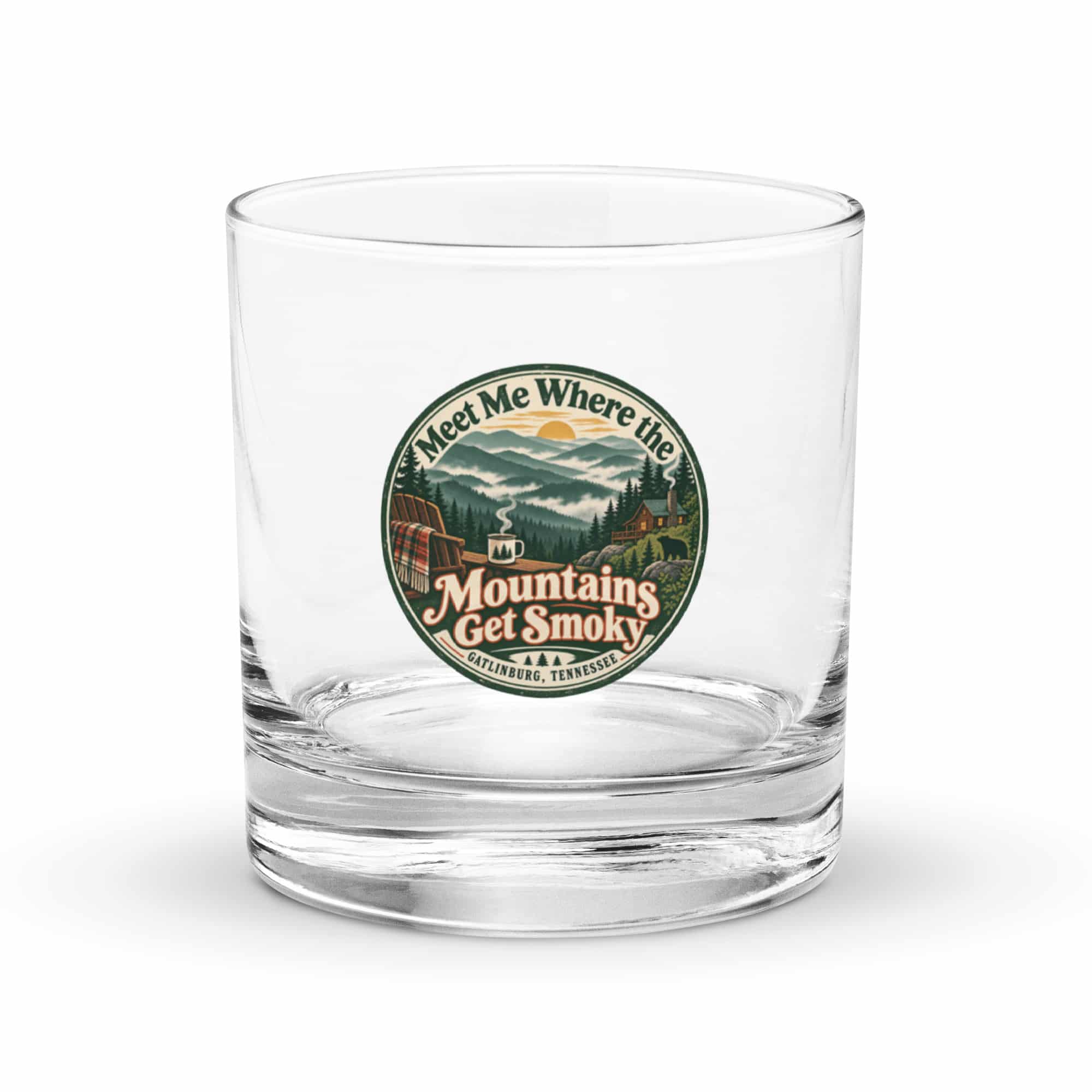 Gatlinburg and the Smokies Rocks Glass: Meet Me Where the Mountains Get Smoky, Vintage Round Badge