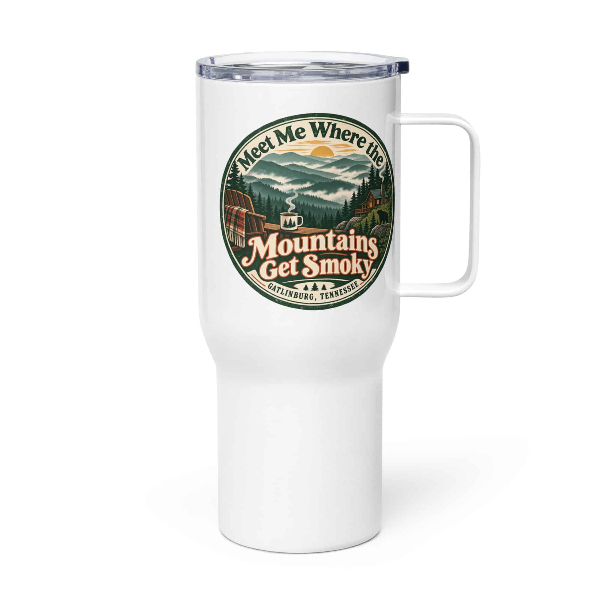 Gatlinburg and the Smokies Travel Mug: Meet Me Where the Mountains Get Smoky, Vintage Round Badge