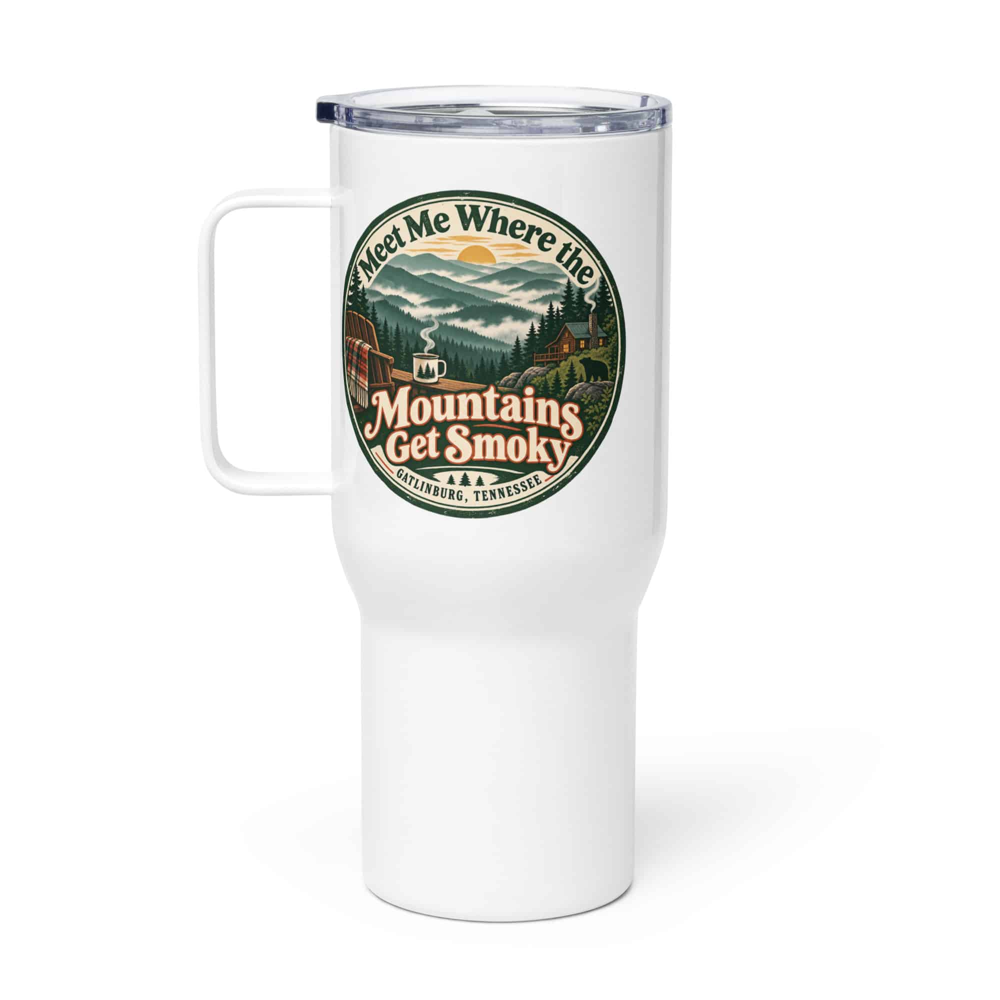Gatlinburg and the Smokies Travel Mug: Meet Me Where the Mountains Get Smoky, Vintage Round Badge