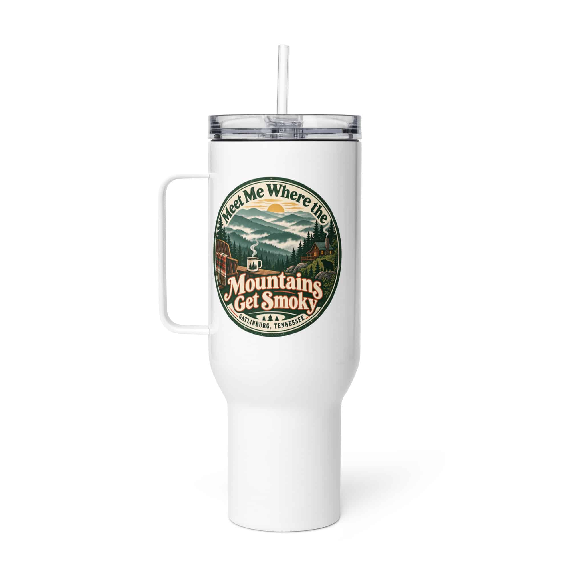 Gatlinburg and the Smokies Travel Mug: Meet Me Where the Mountains Get Smoky, Vintage Round Badge