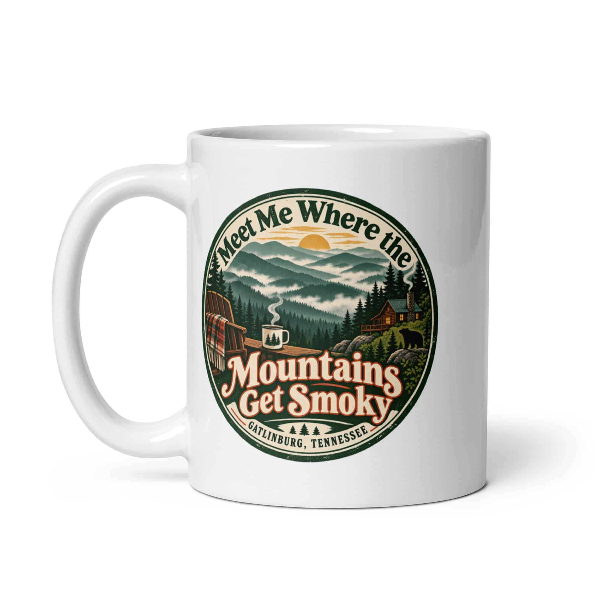 Gatlinburg and the Smokies White Ceramic Coffee Mug: Meet Me Where the Mountains Get Smoky, Vintage Round Badge