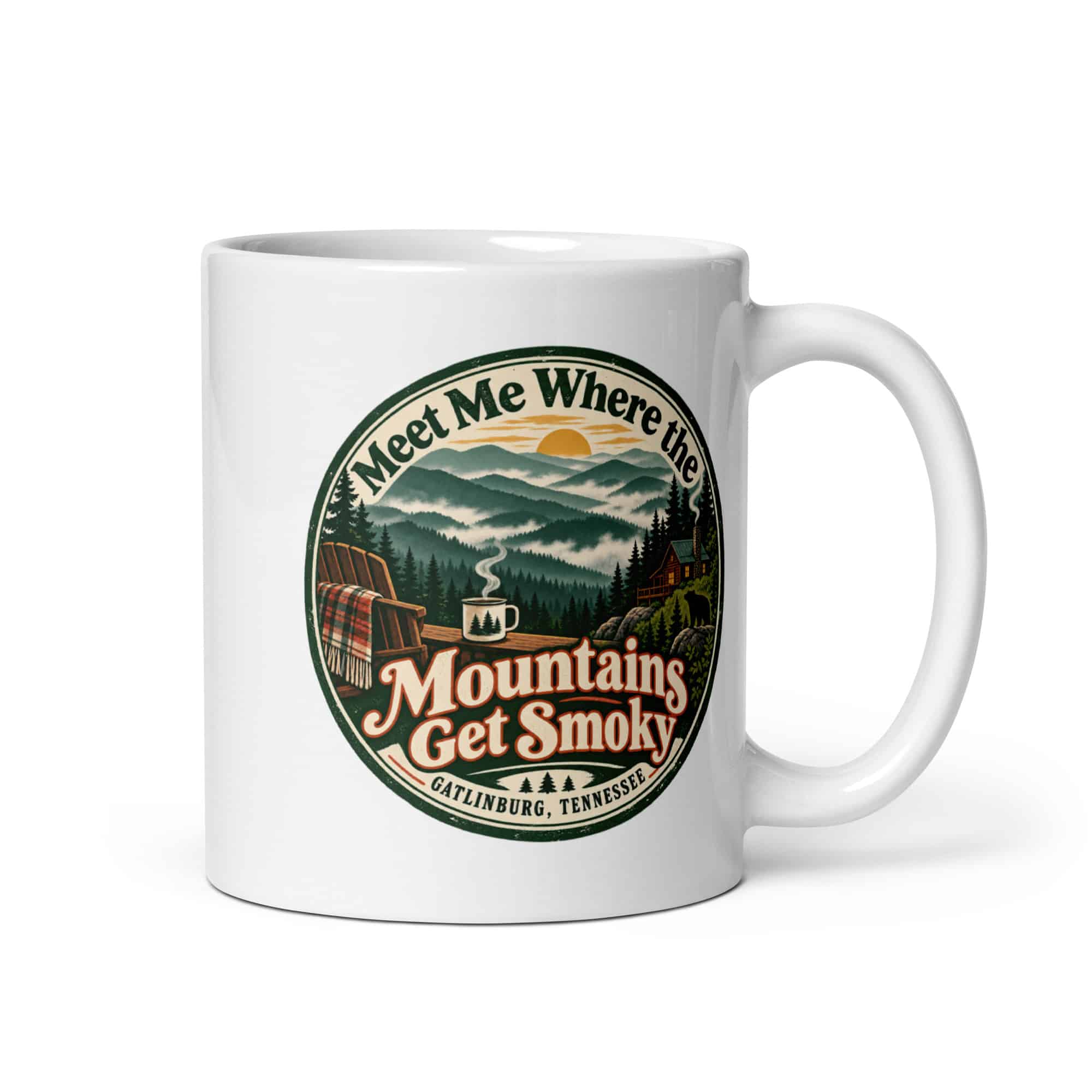 Gatlinburg and the Smokies White Ceramic Coffee Mug: Meet Me Where the Mountains Get Smoky, Vintage Round Badge