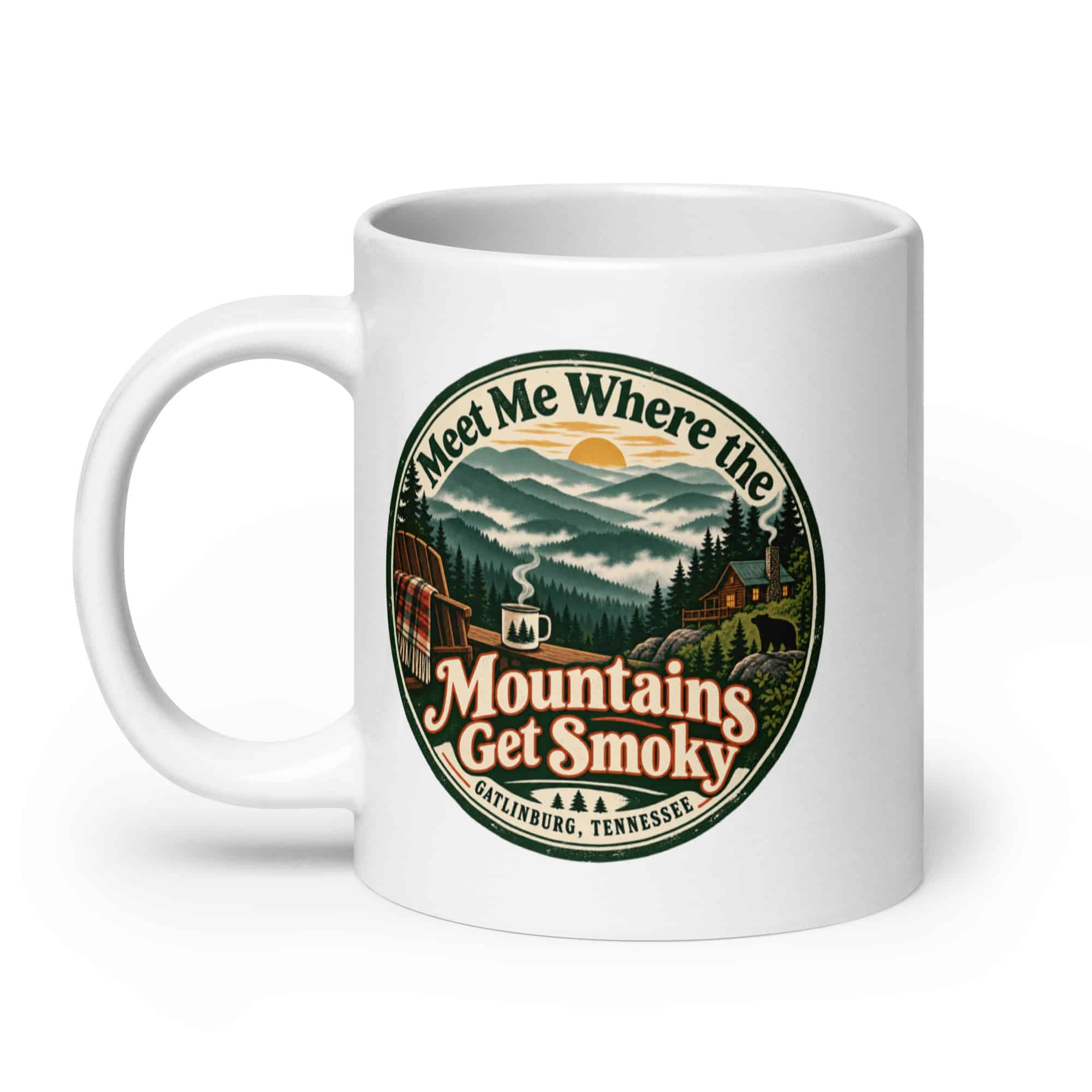 Gatlinburg and the Smokies White Ceramic Coffee Mug: Meet Me Where the Mountains Get Smoky, Vintage Round Badge