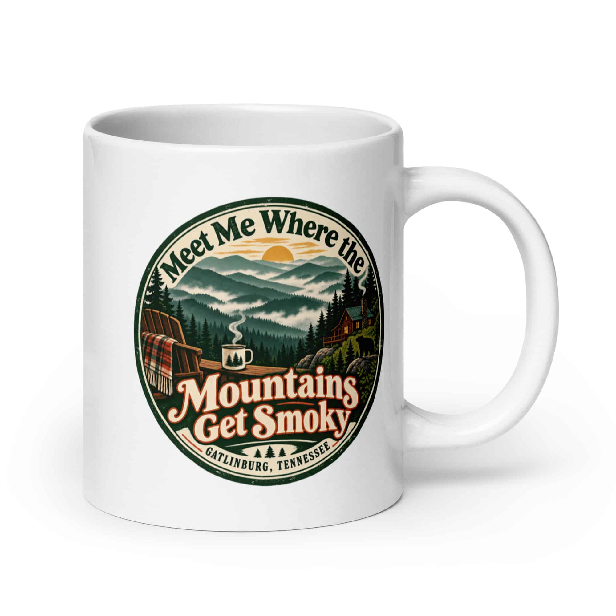 Gatlinburg and the Smokies White Ceramic Coffee Mug: Meet Me Where the Mountains Get Smoky, Vintage Round Badge
