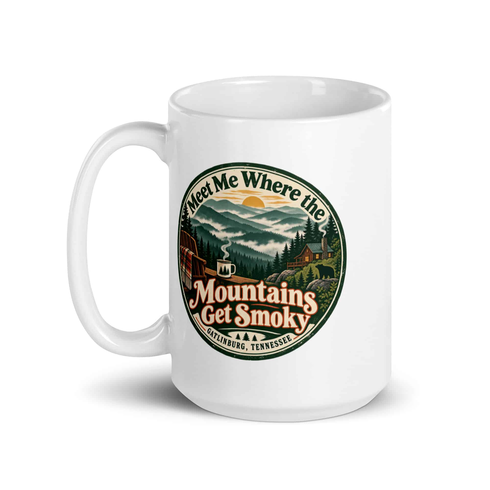 Gatlinburg and the Smokies White Ceramic Coffee Mug: Meet Me Where the Mountains Get Smoky, Vintage Round Badge