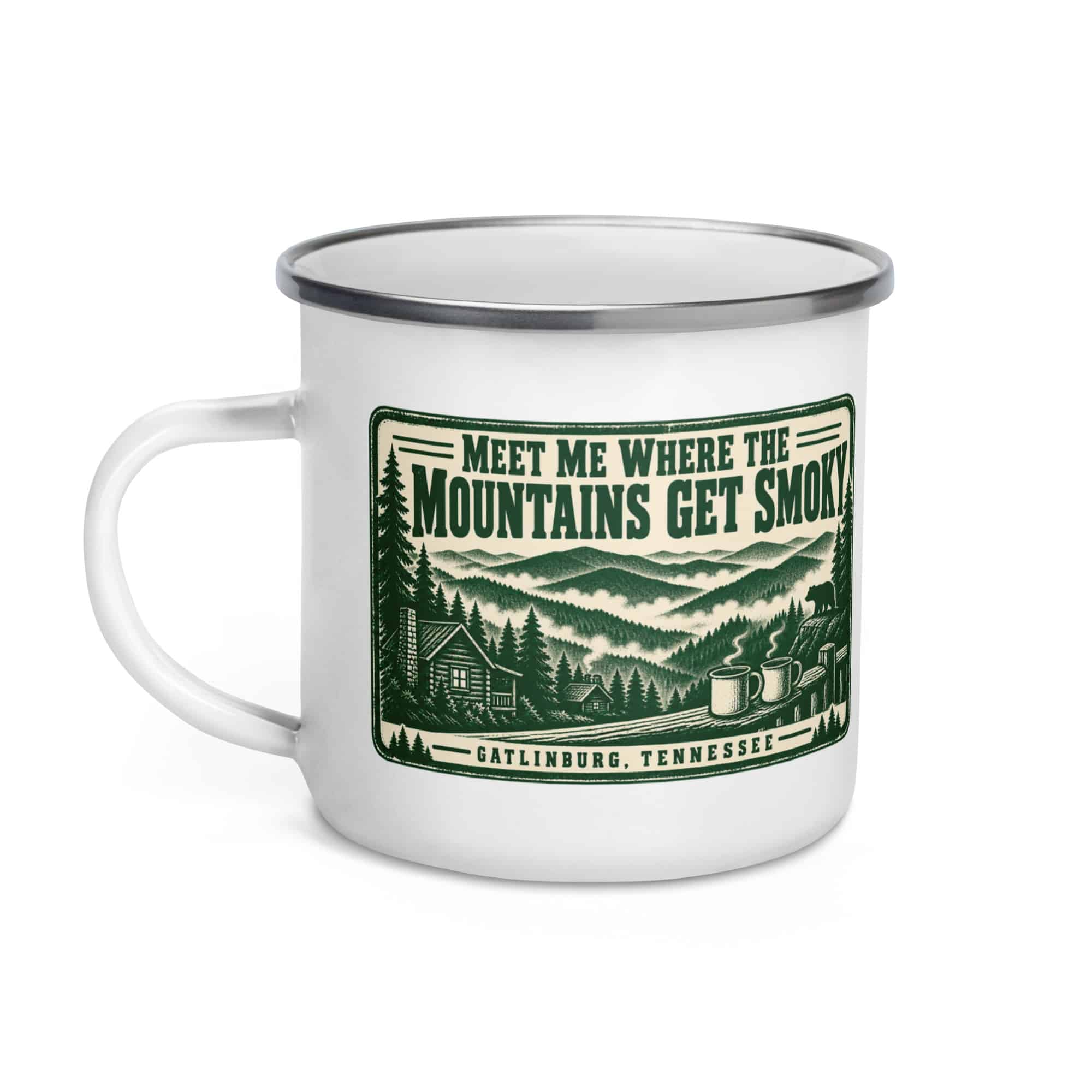 Gatlinburg and the Smokies Enamel Camp Mug: Meet Me Where the Mountains Get Smoky, Forest Ink Stamp