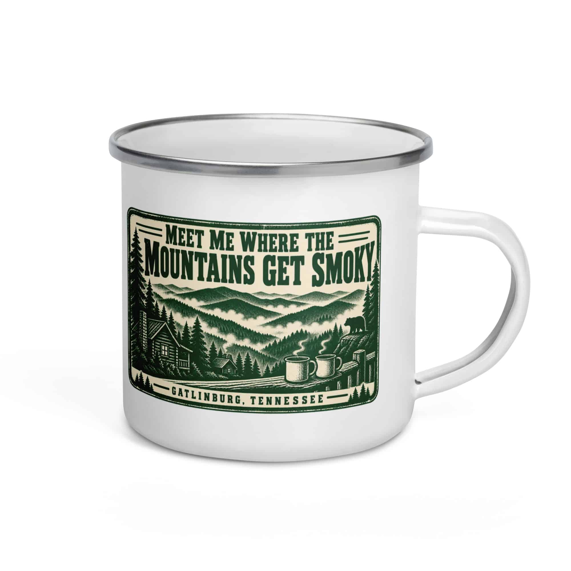 Gatlinburg and the Smokies Enamel Camp Mug: Meet Me Where the Mountains Get Smoky, Forest Ink Stamp