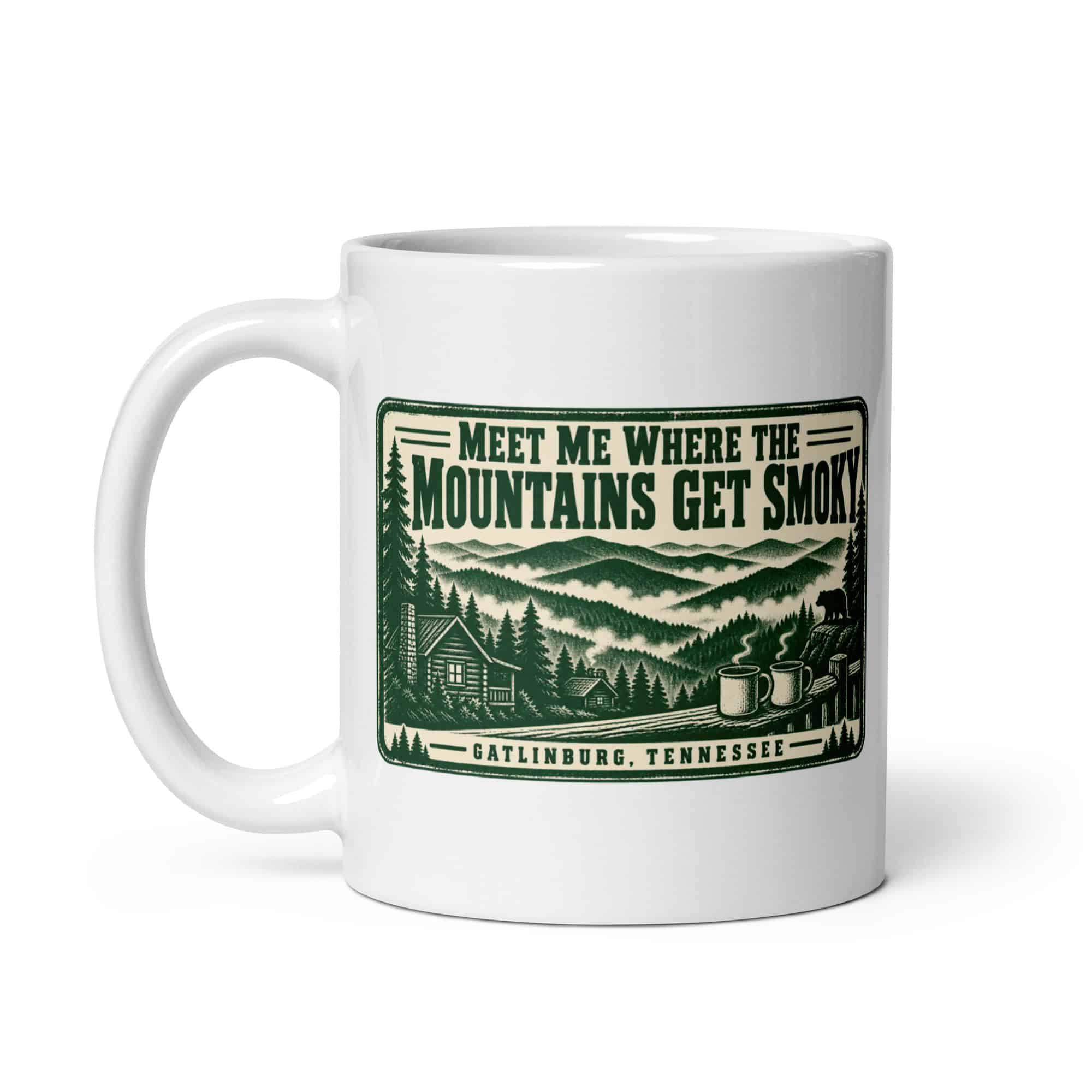 Gatlinburg and the Smokies White Ceramic Coffee Mug: Meet Me Where the Mountains Get Smoky, Forest Ink Stamp