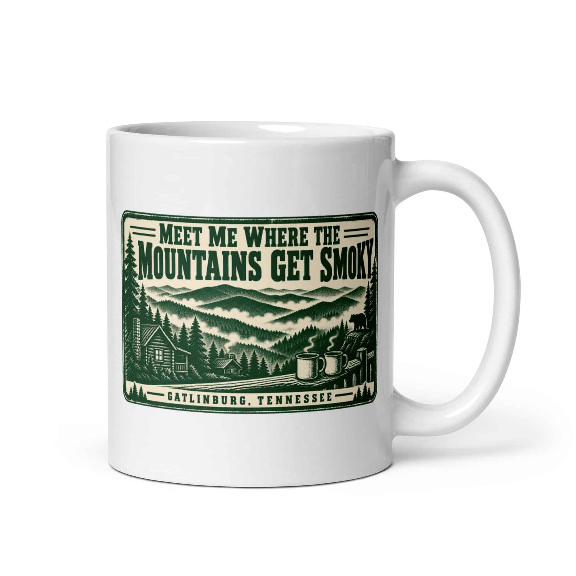 Gatlinburg and the Smokies White Ceramic Coffee Mug: Meet Me Where the Mountains Get Smoky, Forest Ink Stamp