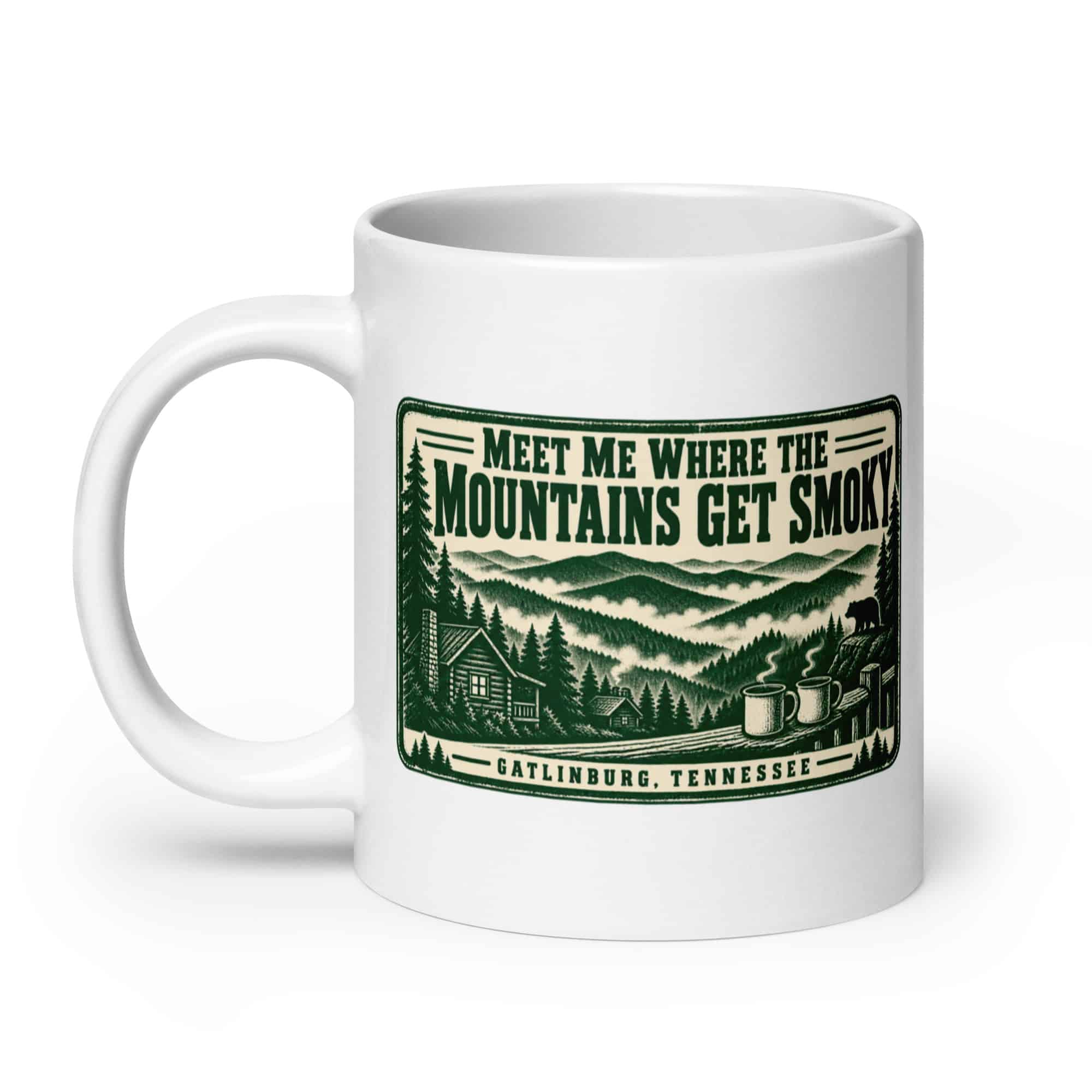Gatlinburg and the Smokies White Ceramic Coffee Mug: Meet Me Where the Mountains Get Smoky, Forest Ink Stamp