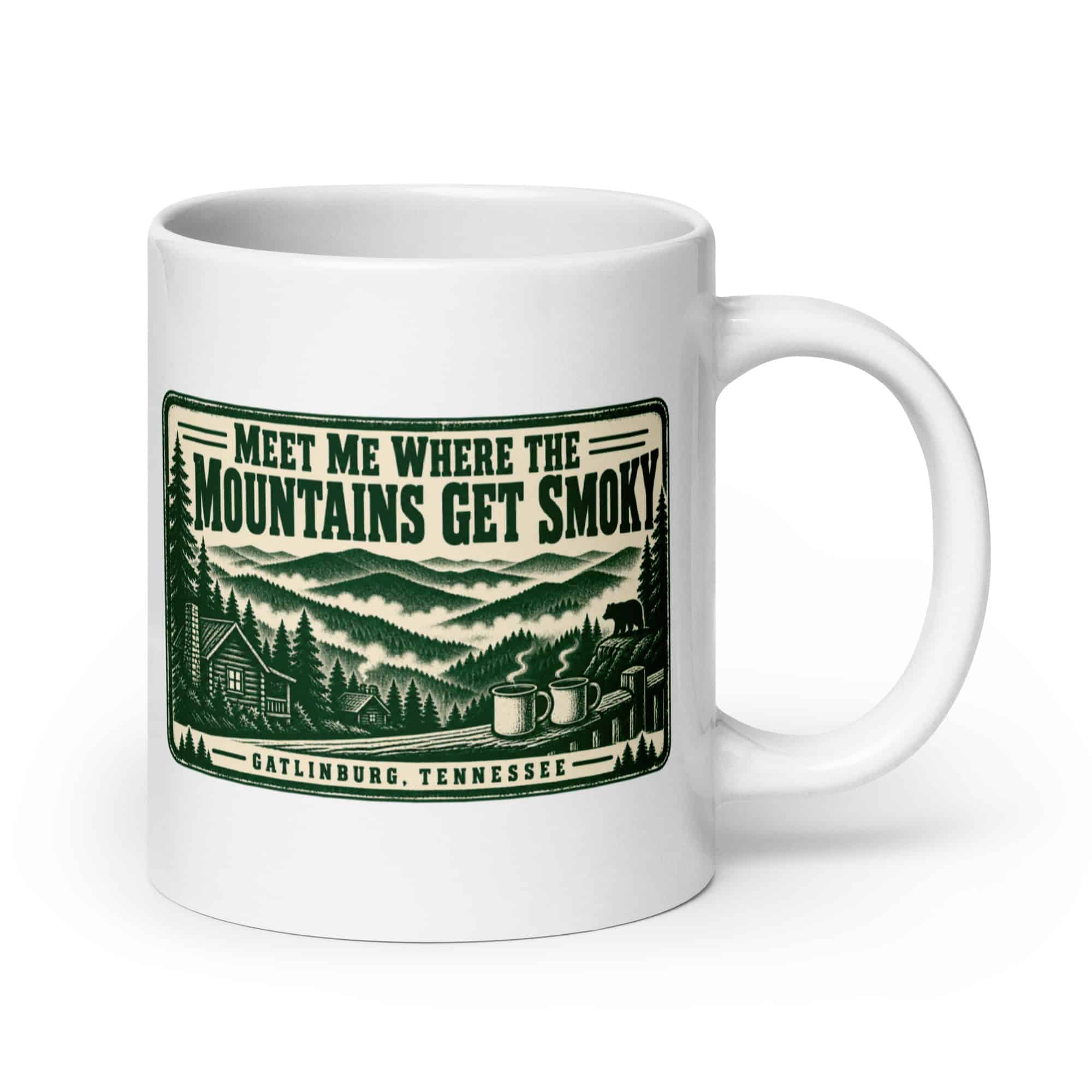 Gatlinburg and the Smokies White Ceramic Coffee Mug: Meet Me Where the Mountains Get Smoky, Forest Ink Stamp