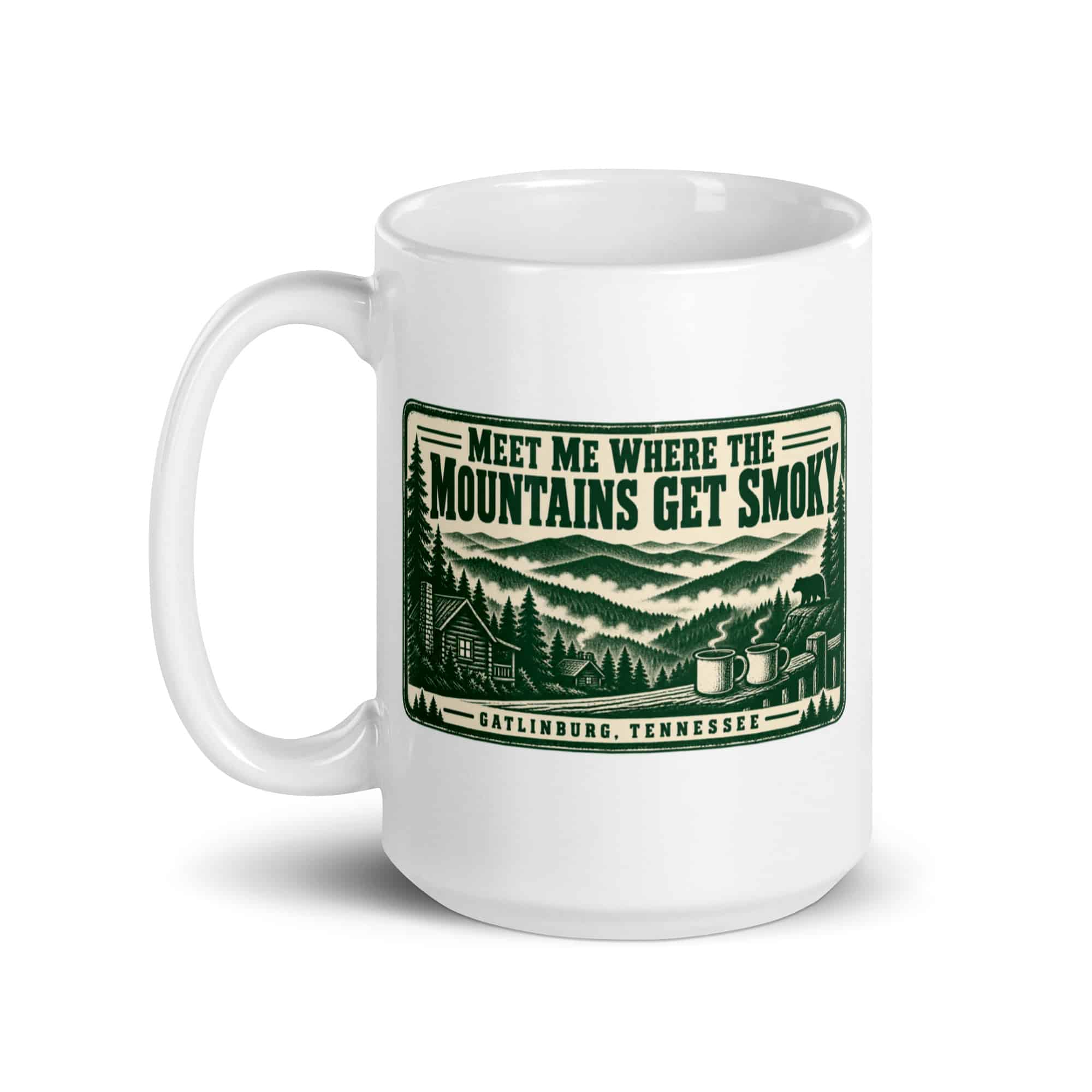 Gatlinburg and the Smokies White Ceramic Coffee Mug: Meet Me Where the Mountains Get Smoky, Forest Ink Stamp