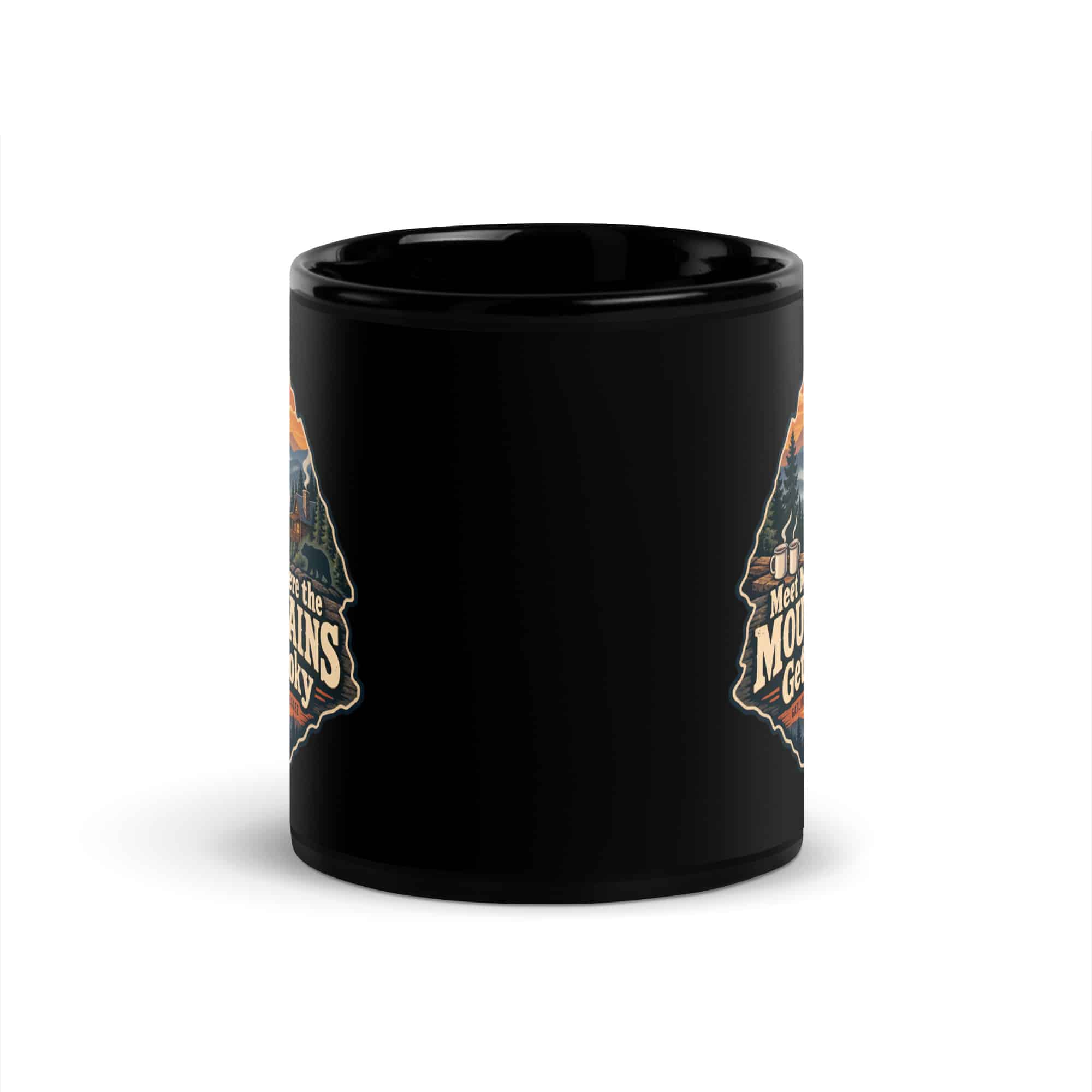 Gatlinburg and the Smokies Black Coffee Mug: Meet Me Where the Mountains Get Smoky, Scenic Shield Badge