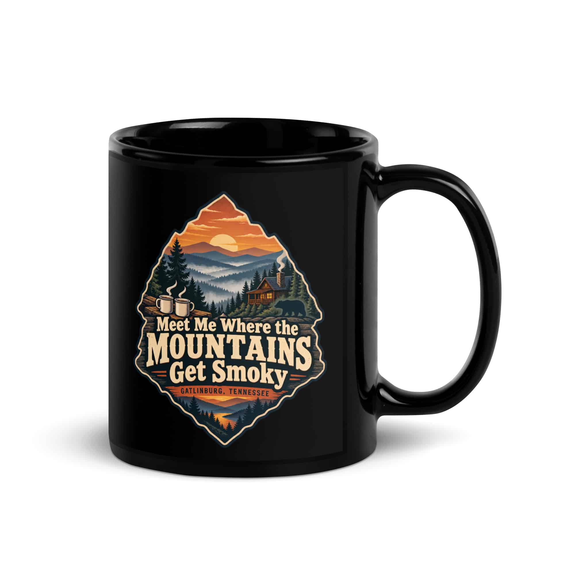 Gatlinburg and the Smokies Black Coffee Mug: Meet Me Where the Mountains Get Smoky, Scenic Shield Badge