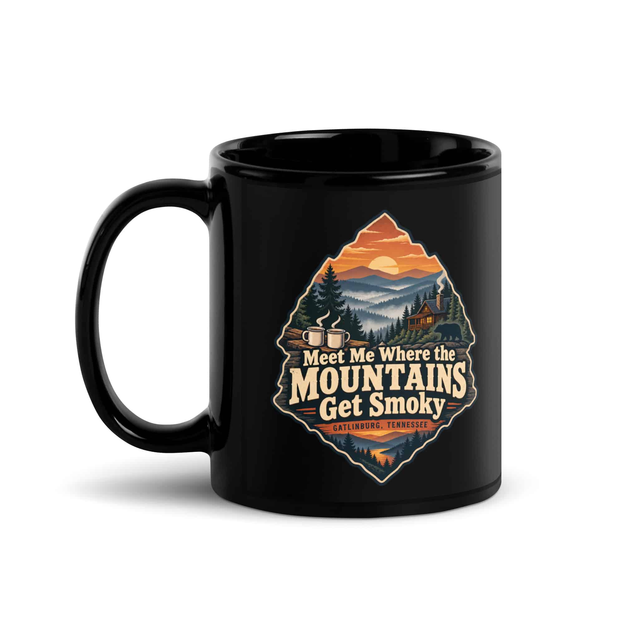 Gatlinburg and the Smokies Black Coffee Mug: Meet Me Where the Mountains Get Smoky, Scenic Shield Badge
