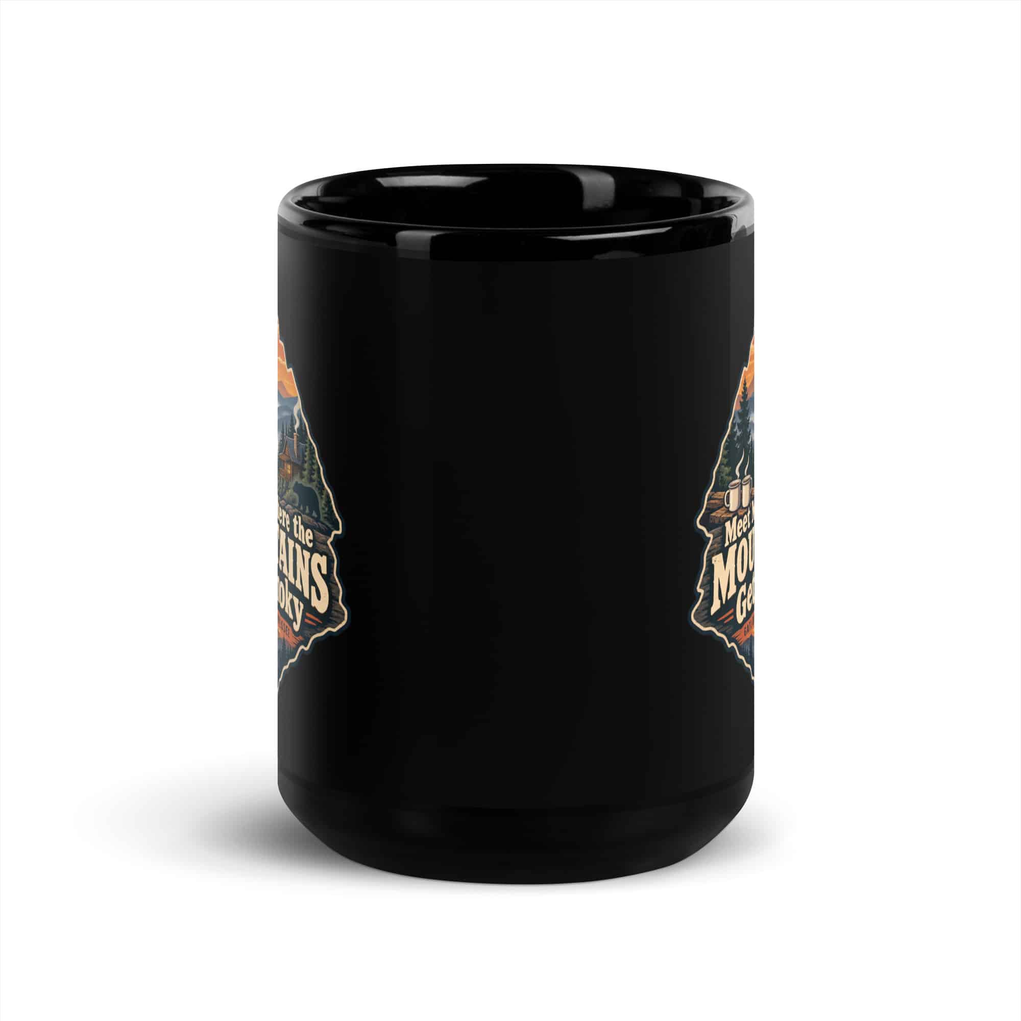 Gatlinburg and the Smokies Black Coffee Mug: Meet Me Where the Mountains Get Smoky, Scenic Shield Badge
