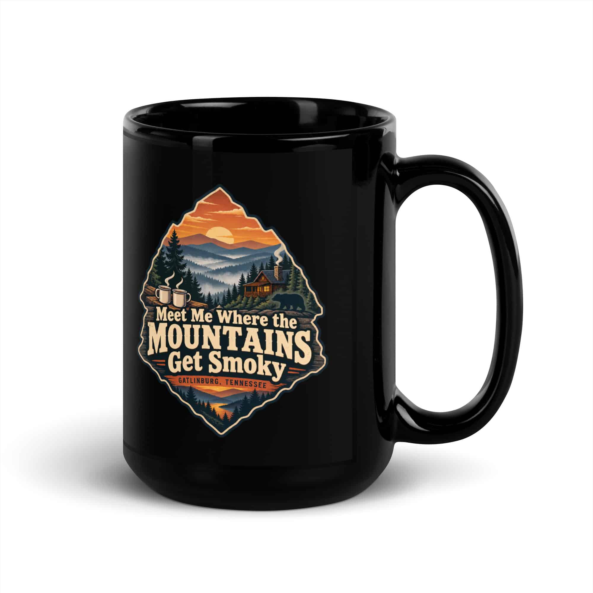 Gatlinburg and the Smokies Black Coffee Mug: Meet Me Where the Mountains Get Smoky, Scenic Shield Badge