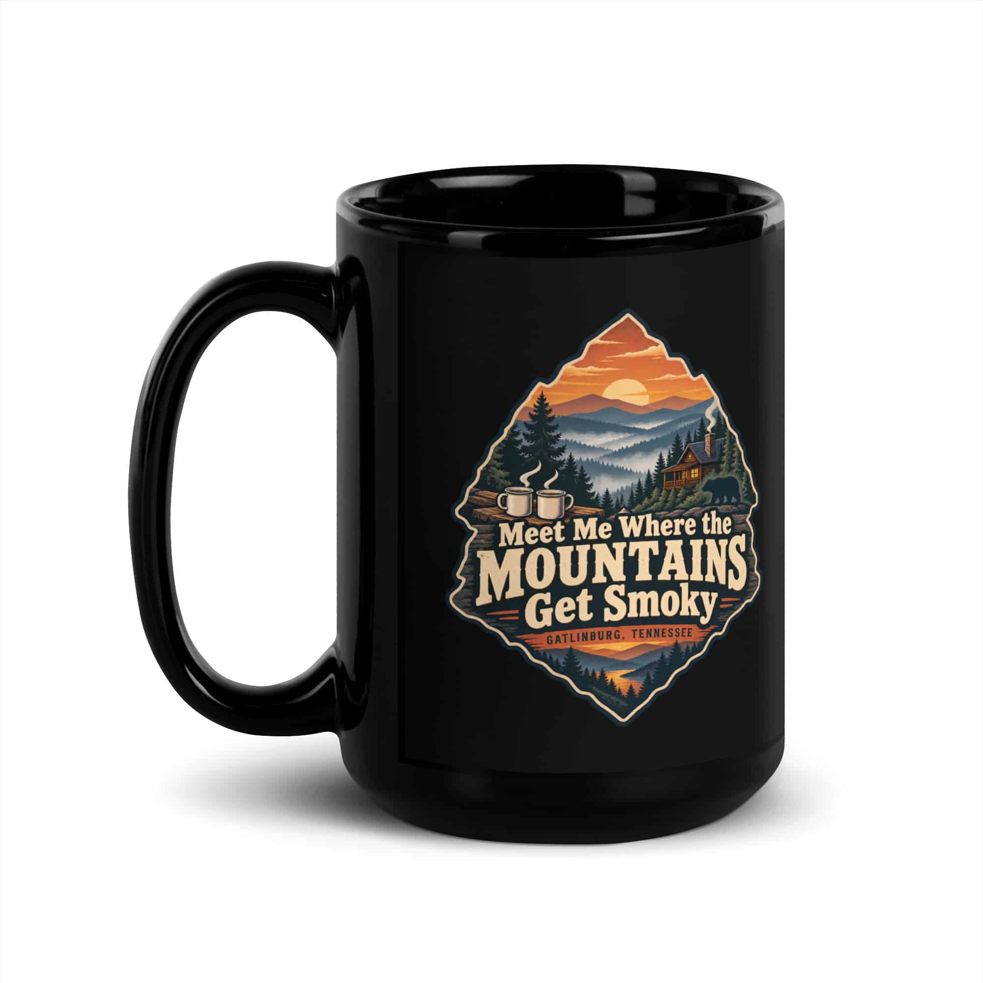 Gatlinburg and the Smokies Black Coffee Mug: Meet Me Where the Mountains Get Smoky, Scenic Shield Badge