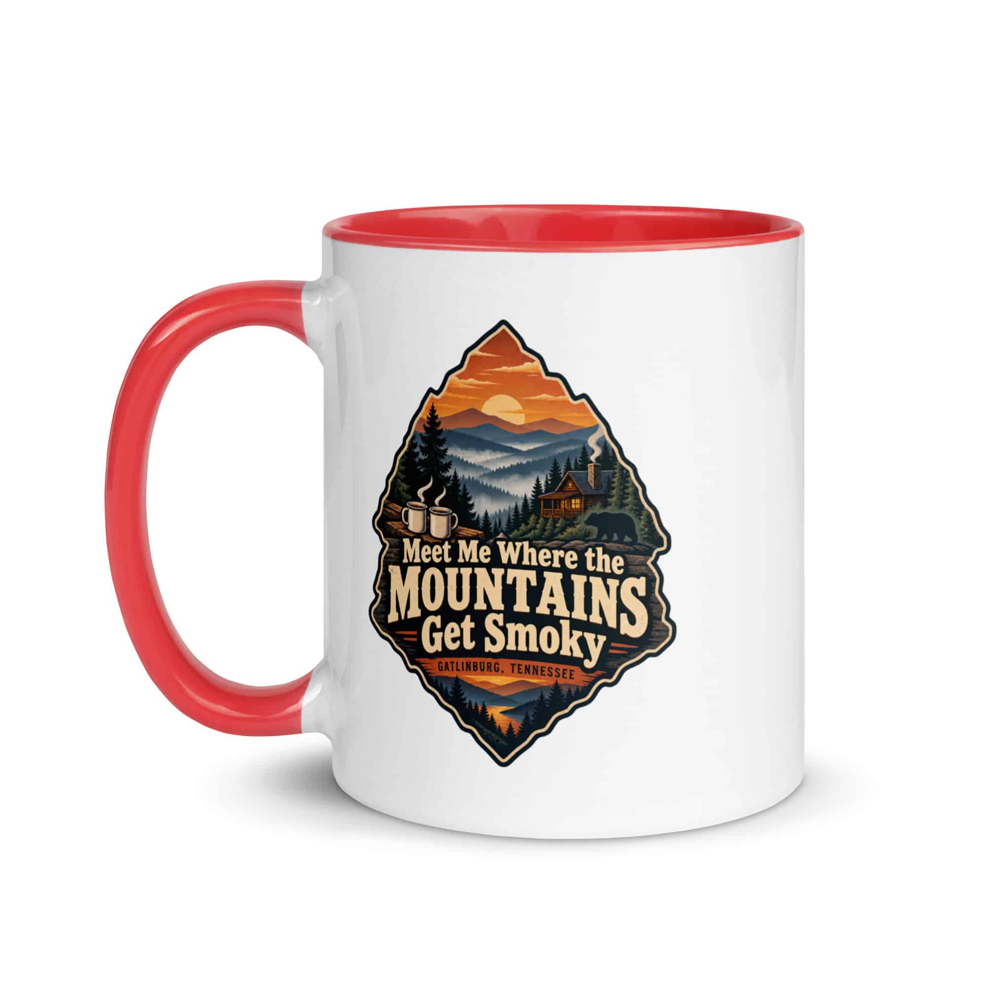 Gatlinburg and the Smokies Color Inside Coffee Mug: Meet Me Where the Mountains Get Smoky, Scenic Shield Badge