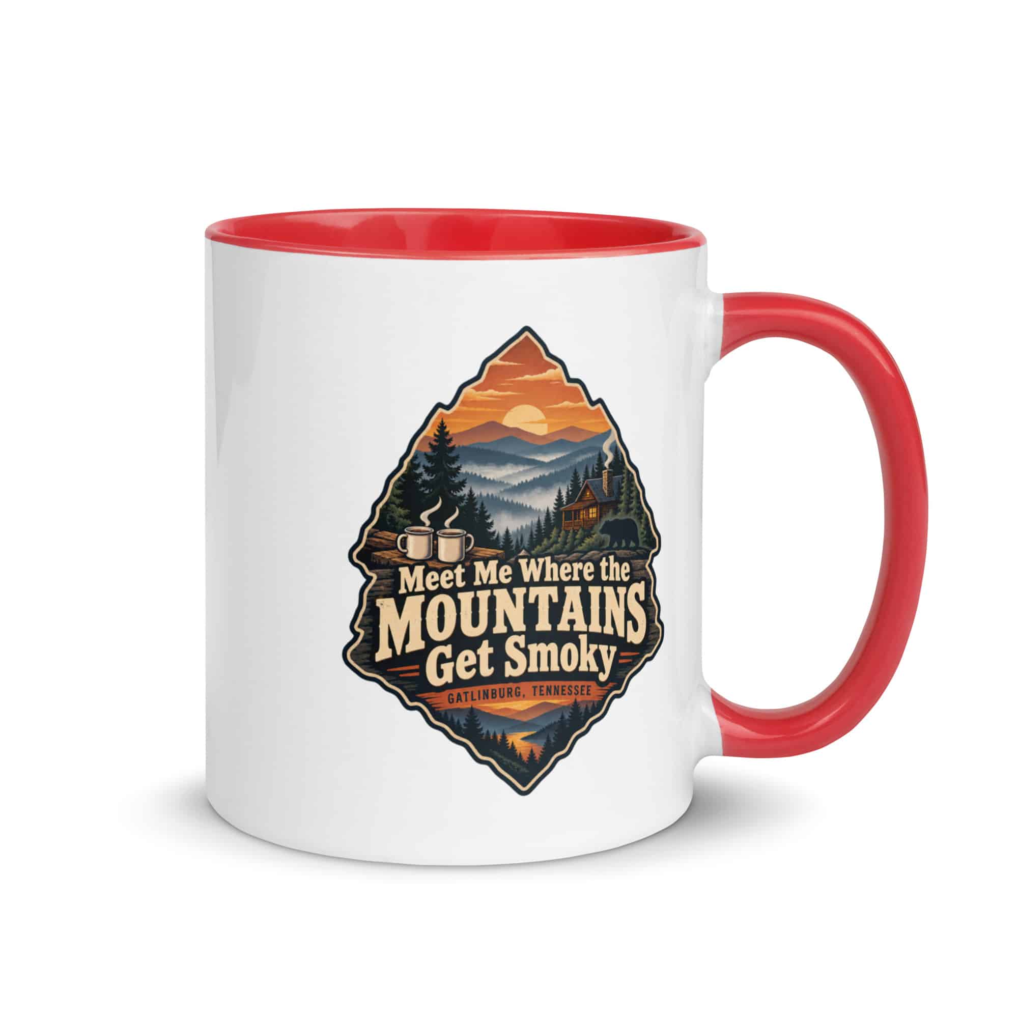 Gatlinburg and the Smokies Color Inside Coffee Mug: Meet Me Where the Mountains Get Smoky, Scenic Shield Badge