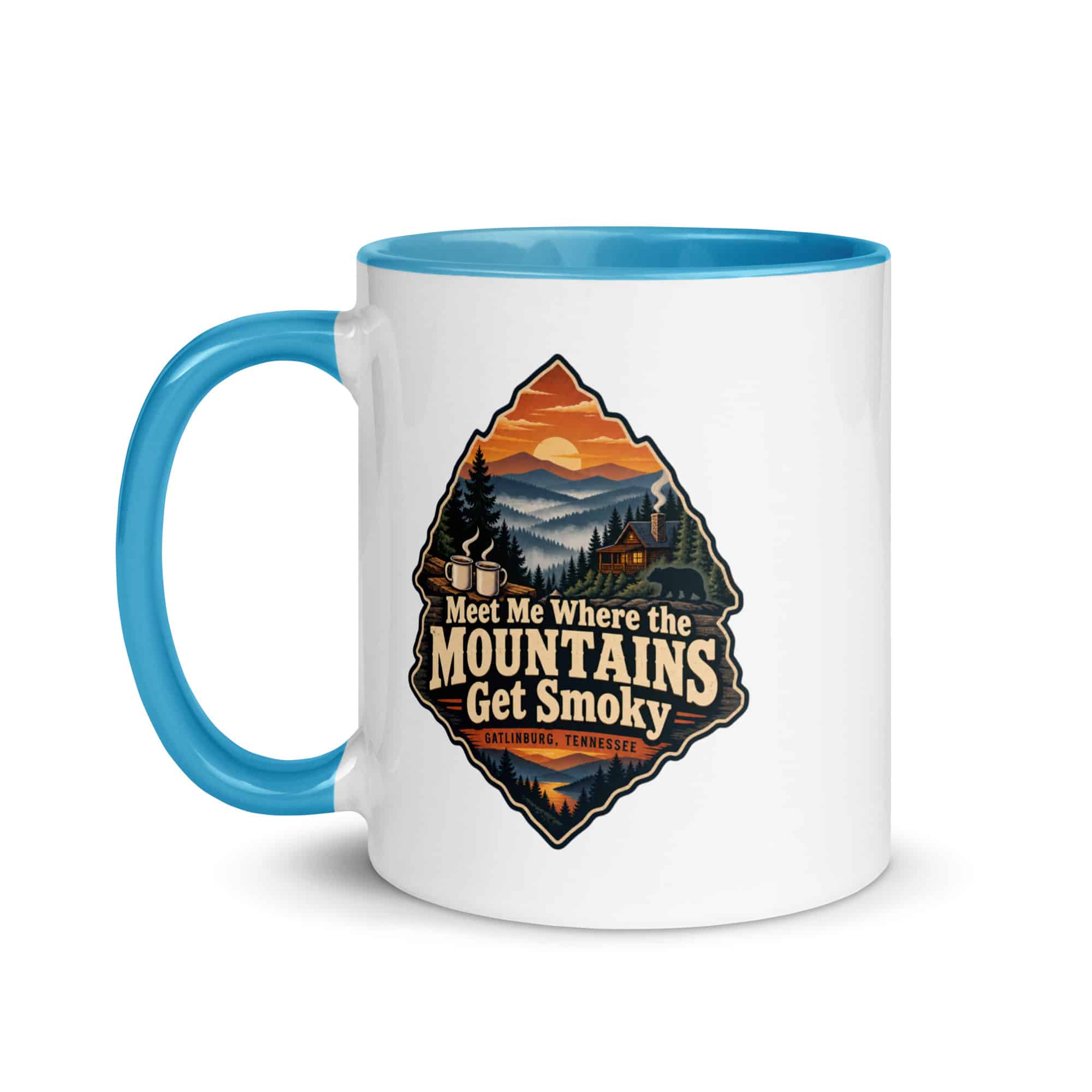 Gatlinburg and the Smokies Color Inside Coffee Mug: Meet Me Where the Mountains Get Smoky, Scenic Shield Badge