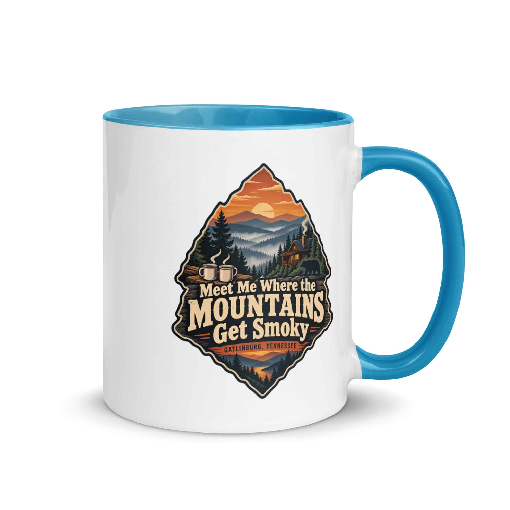 Gatlinburg and the Smokies Color Inside Coffee Mug: Meet Me Where the Mountains Get Smoky, Scenic Shield Badge