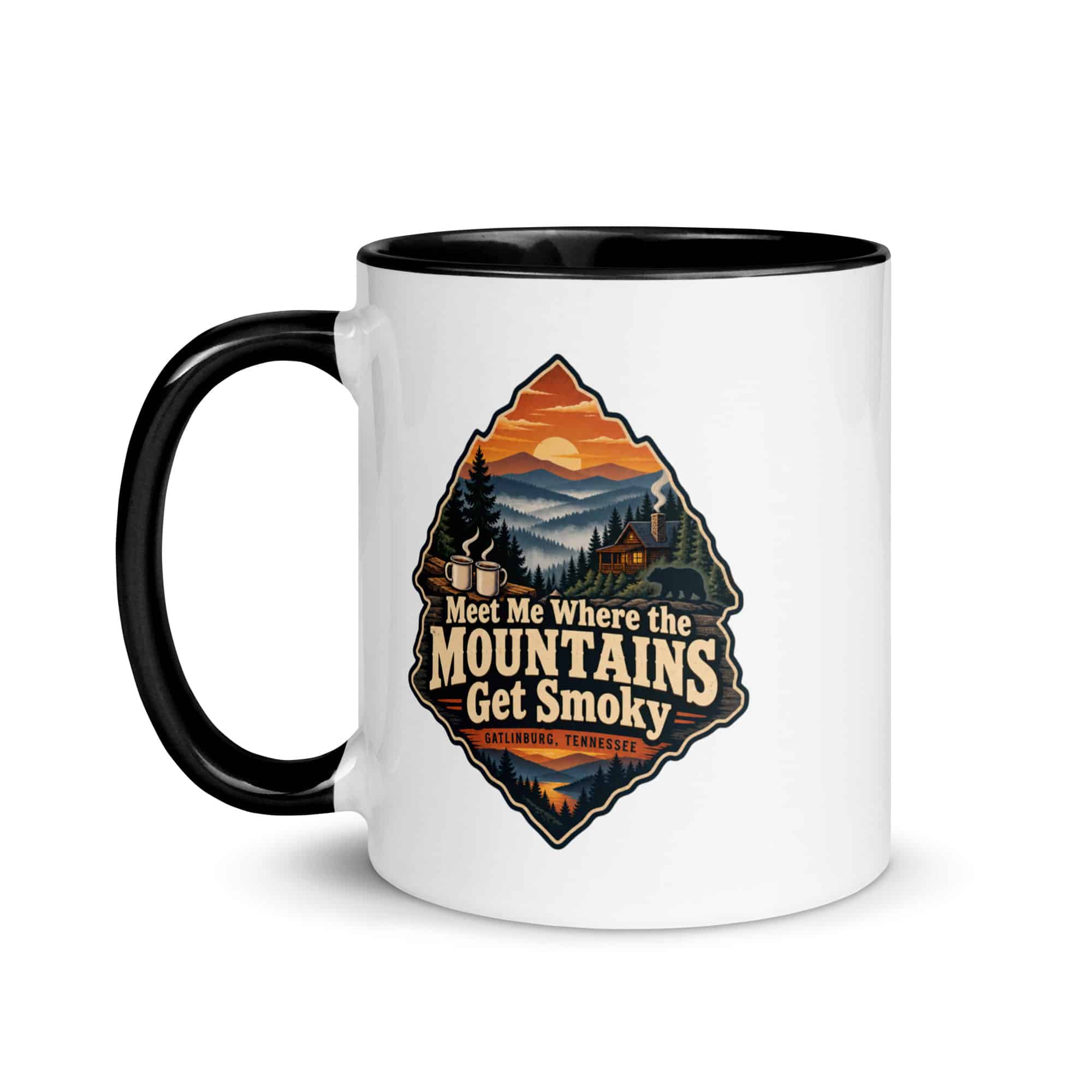 Gatlinburg and the Smokies Color Inside Coffee Mug: Meet Me Where the Mountains Get Smoky, Scenic Shield Badge