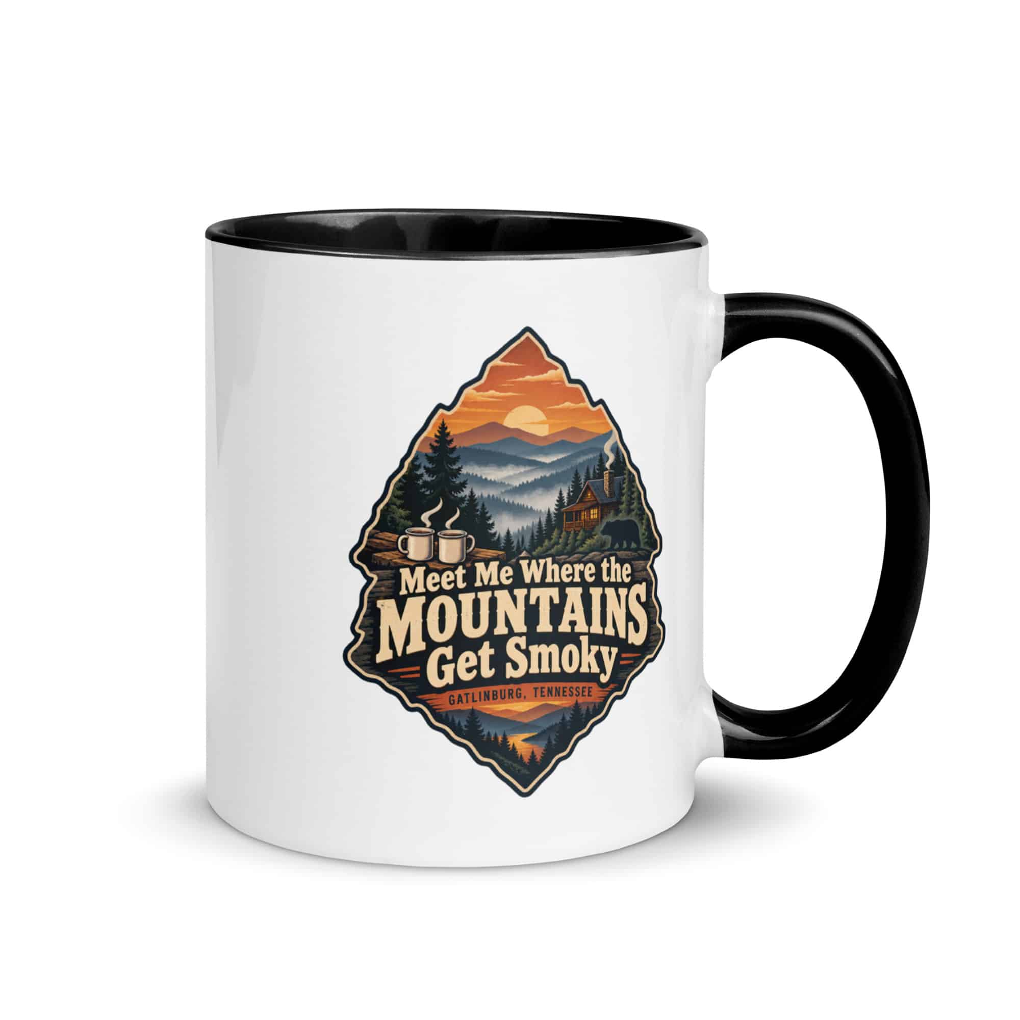 Gatlinburg and the Smokies Color Inside Coffee Mug: Meet Me Where the Mountains Get Smoky, Scenic Shield Badge